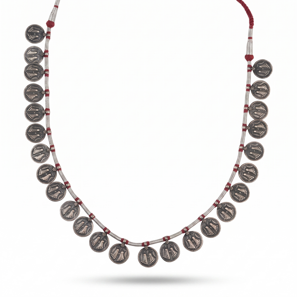 Silver Oxidised Putali Coin Necklace with Red Thread
