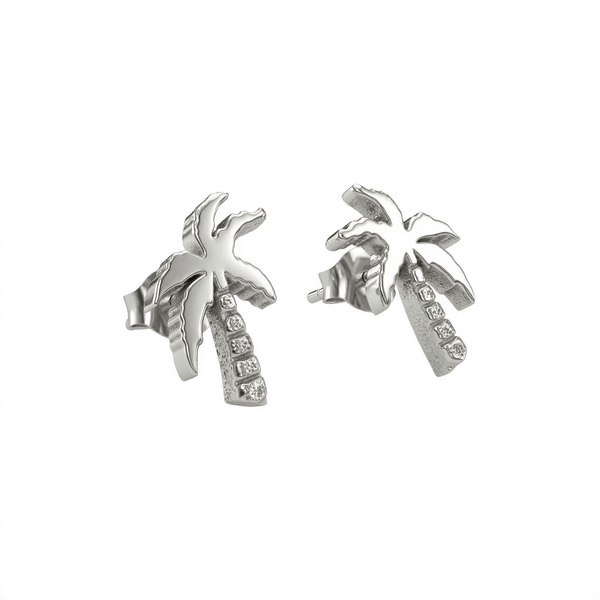 Silver palm tree stud earrings with embedded crystals