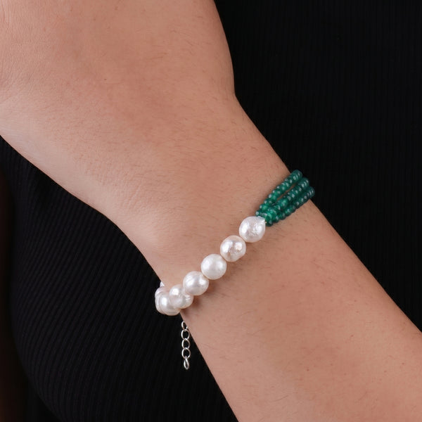 Green Onyx & Baroque Pearl Silver Bracelet (Project Handmade)
