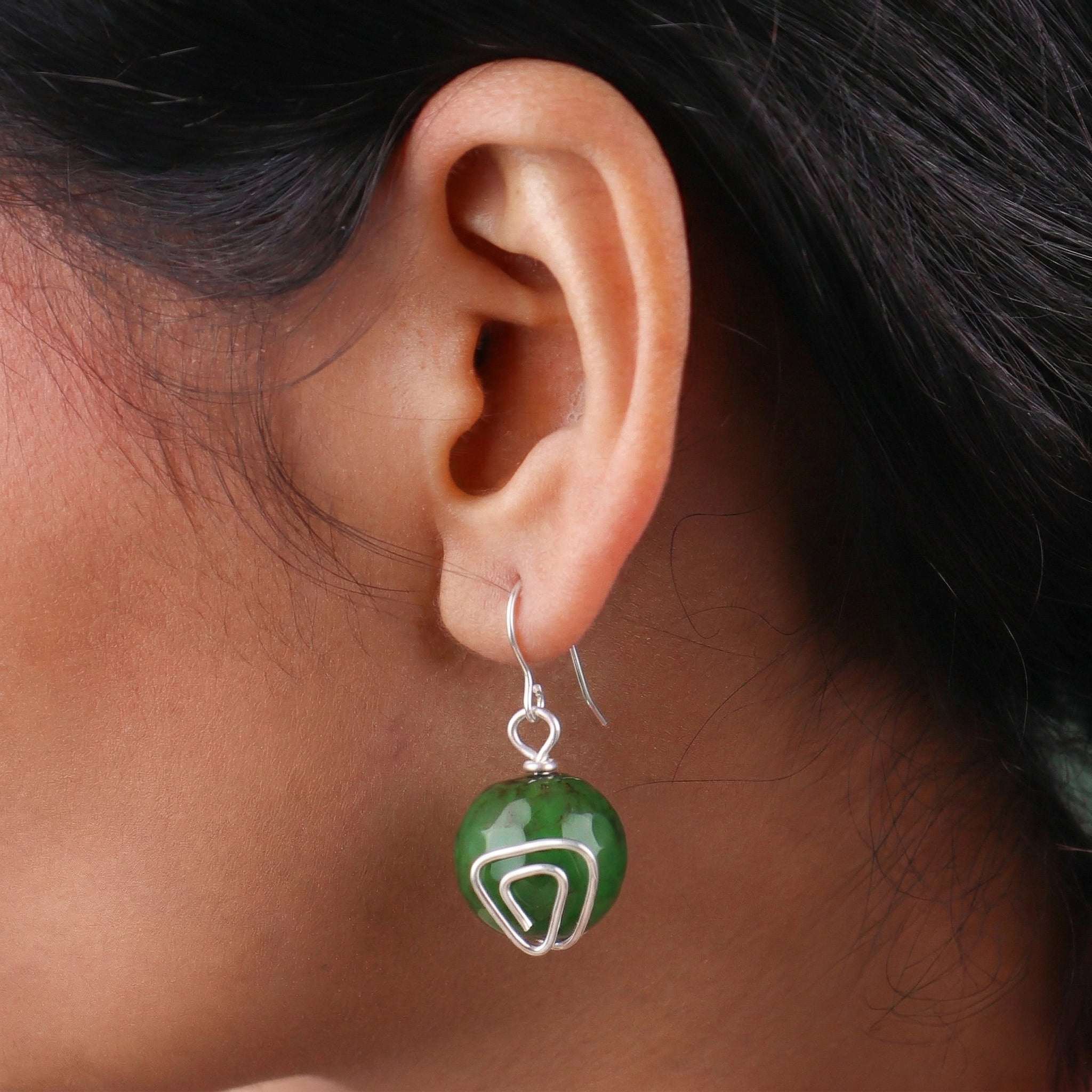 Emerald Green Agate Silver Earrings (Project Handmade)