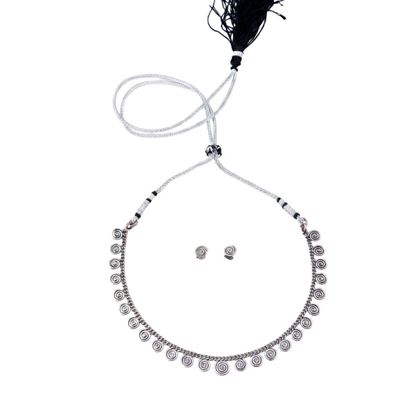 Silver spiral jewelry set with earrings and necklace
