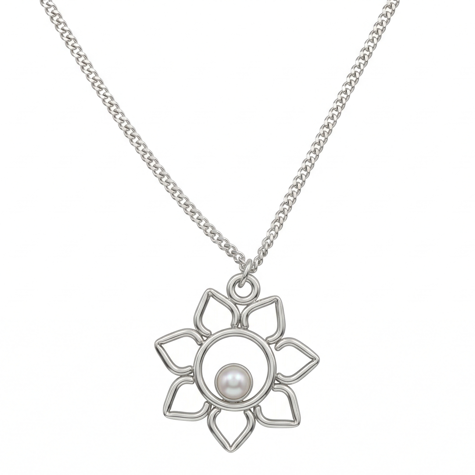 Sliver Flower and Pearl Necklace