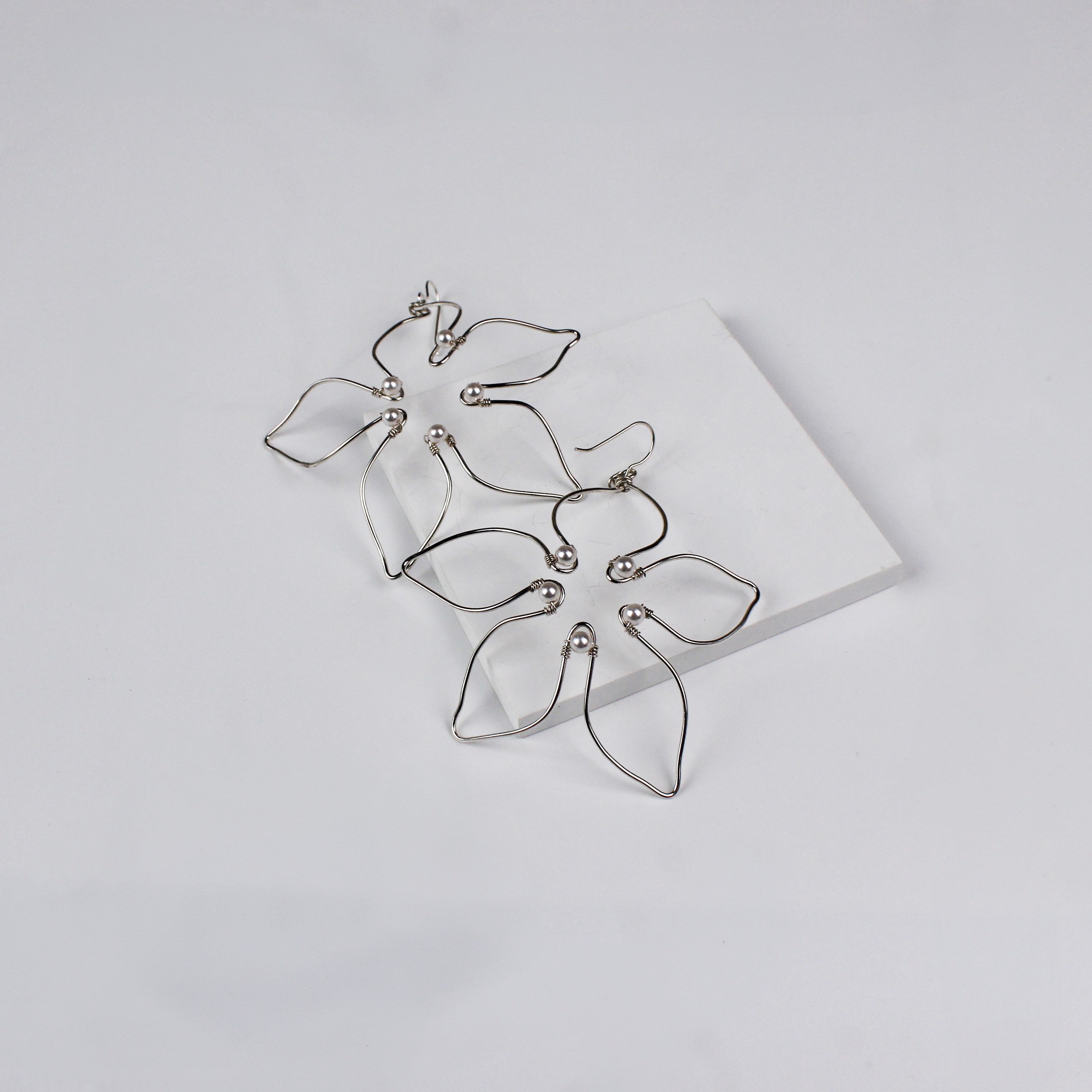 Handbent Pearl Silver Flower Earrings