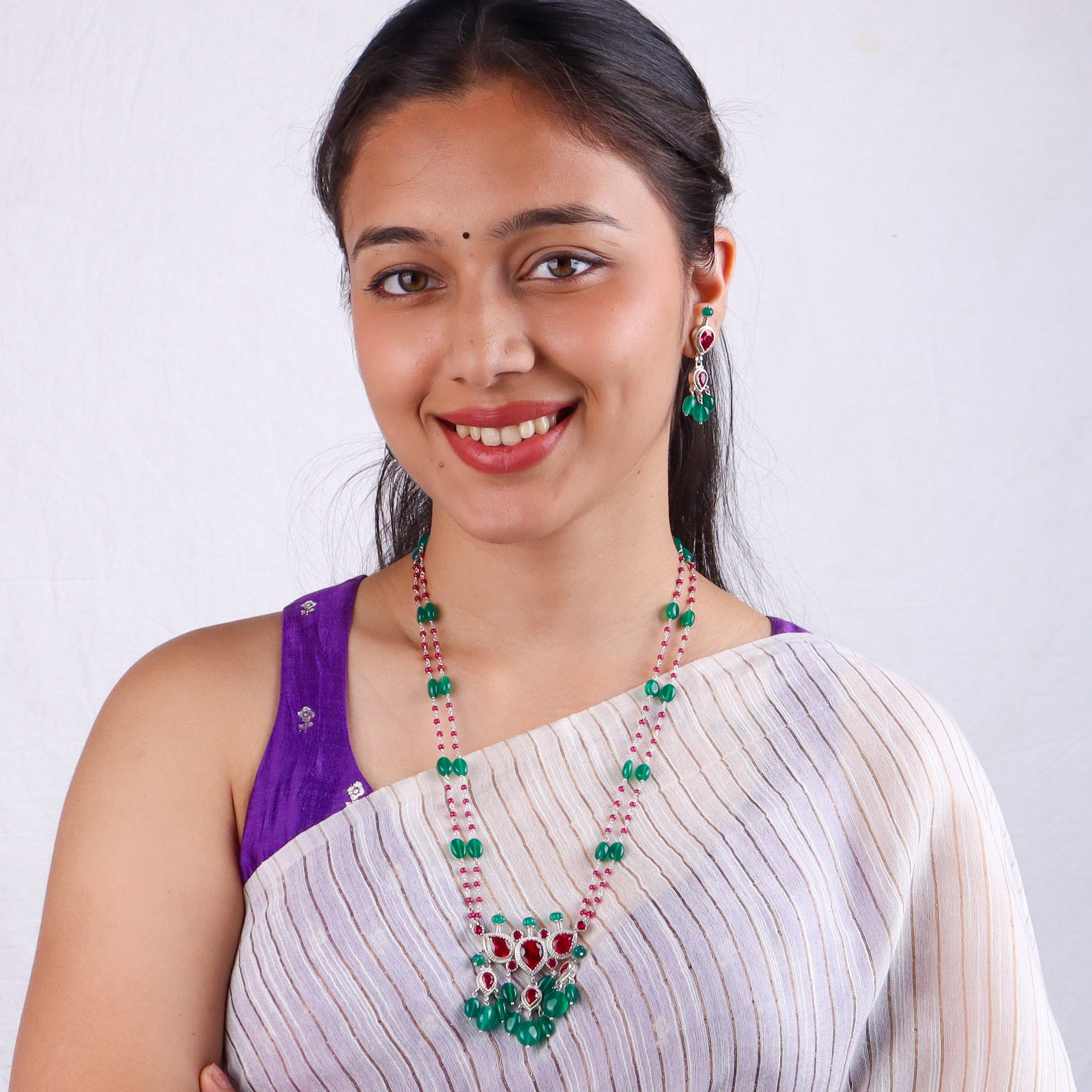 Silver Pink CZ Tanmani Set with Green Onyx & Rubies