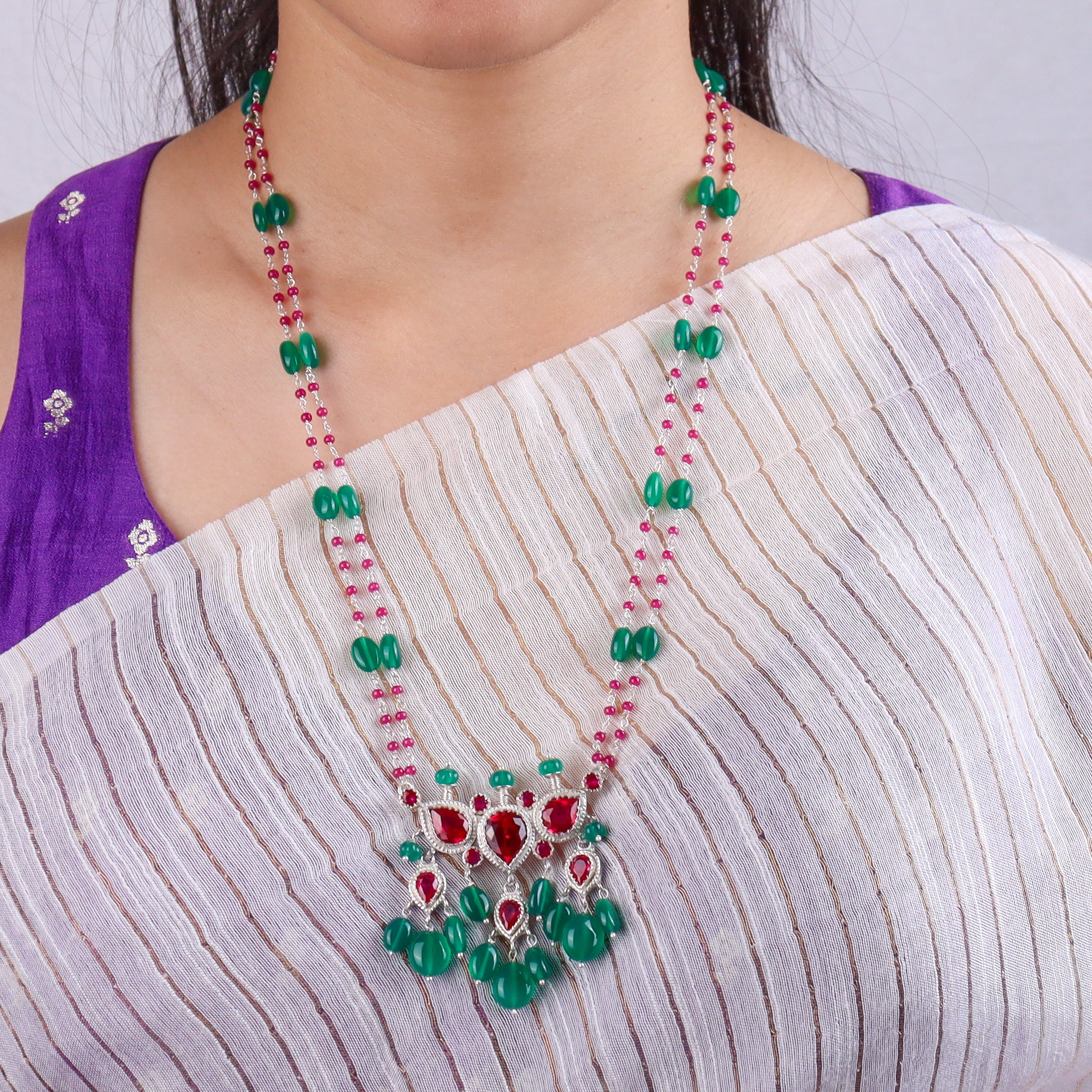 Silver Pink CZ Tanmani Set with Green Onyx & Rubies