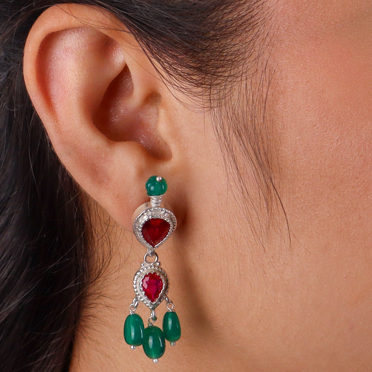 Silver Pink CZ Tanmani Set with Green Onyx & Rubies