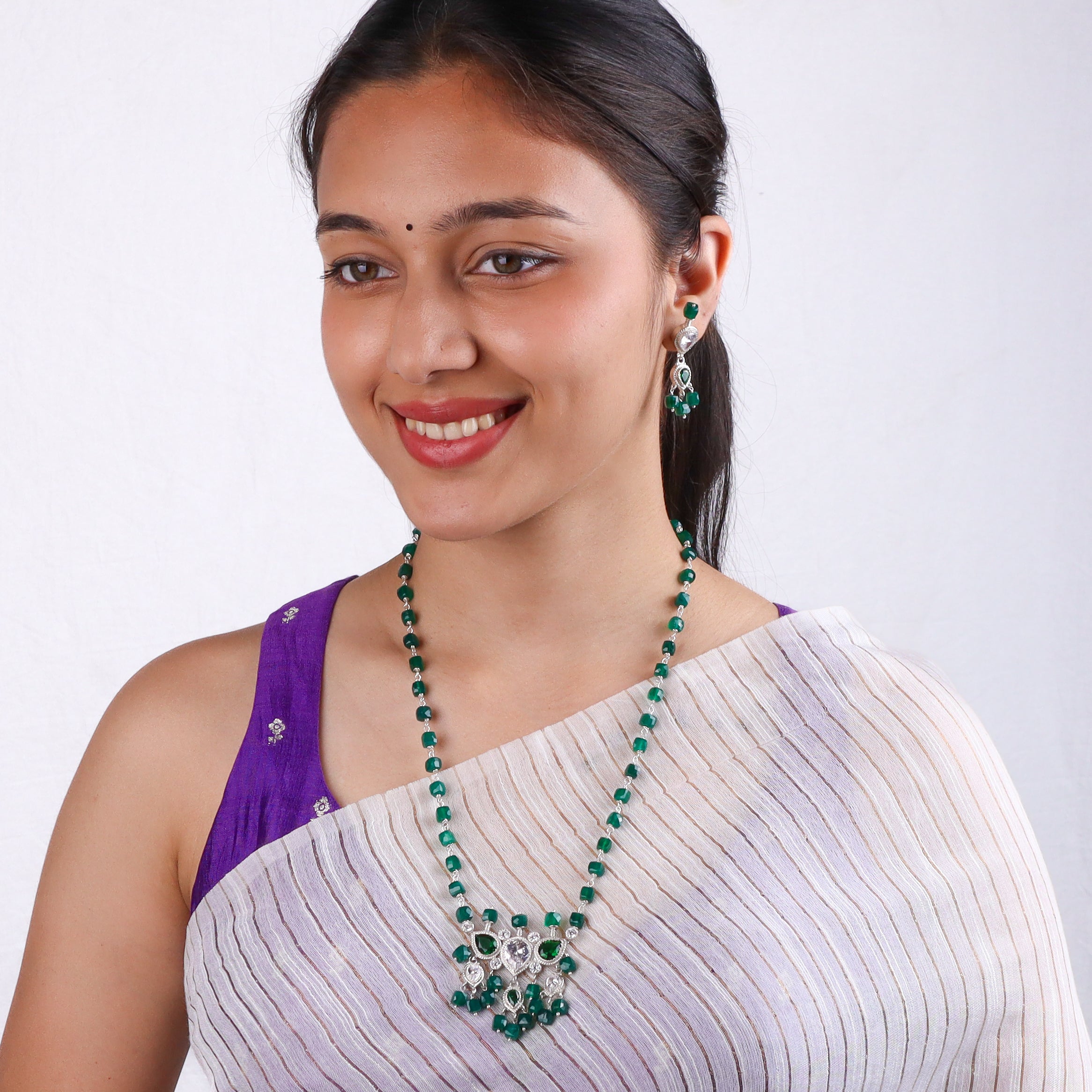 Silver CZ Tanmani Set with Green Onyx