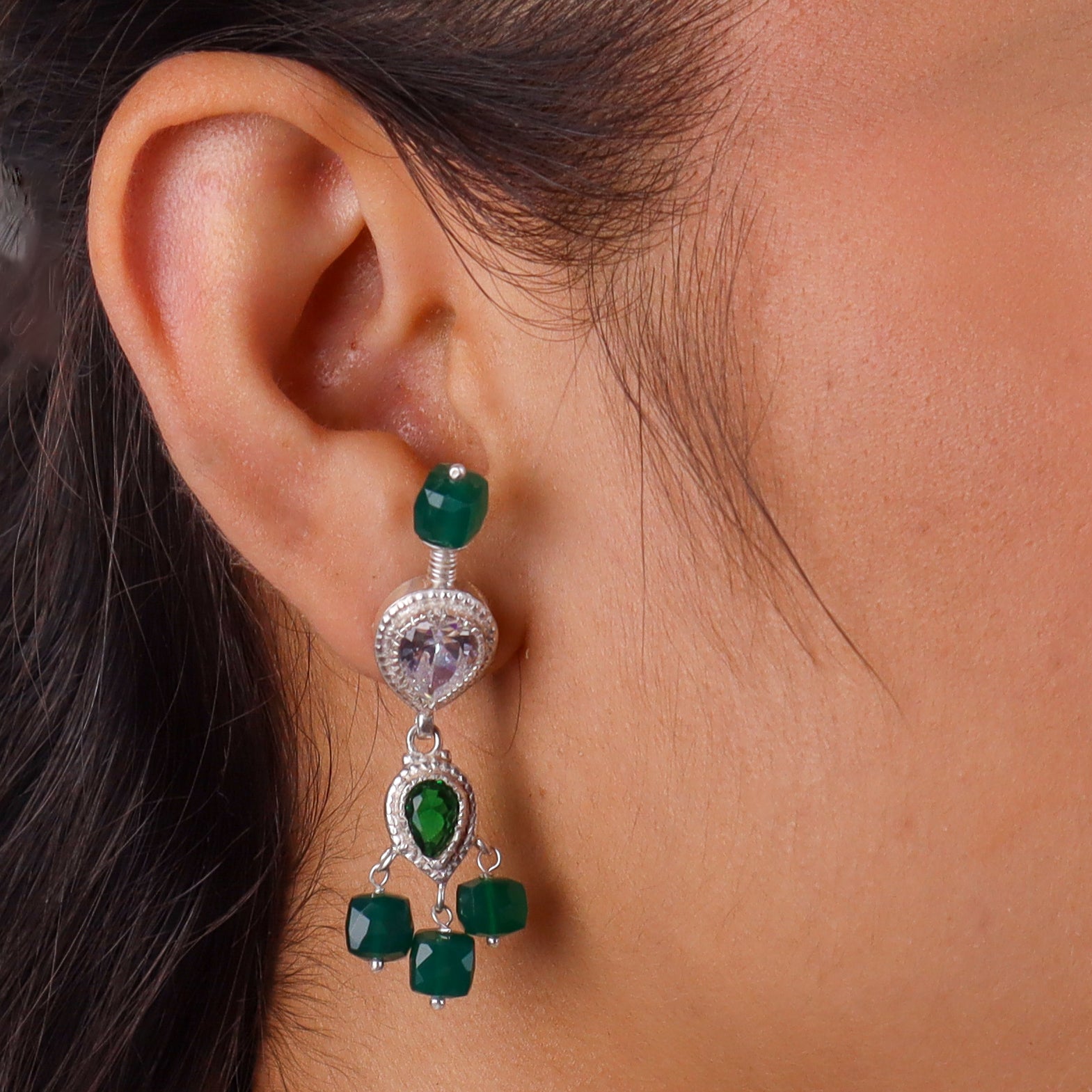 Silver CZ Tanmani Set with Green Onyx