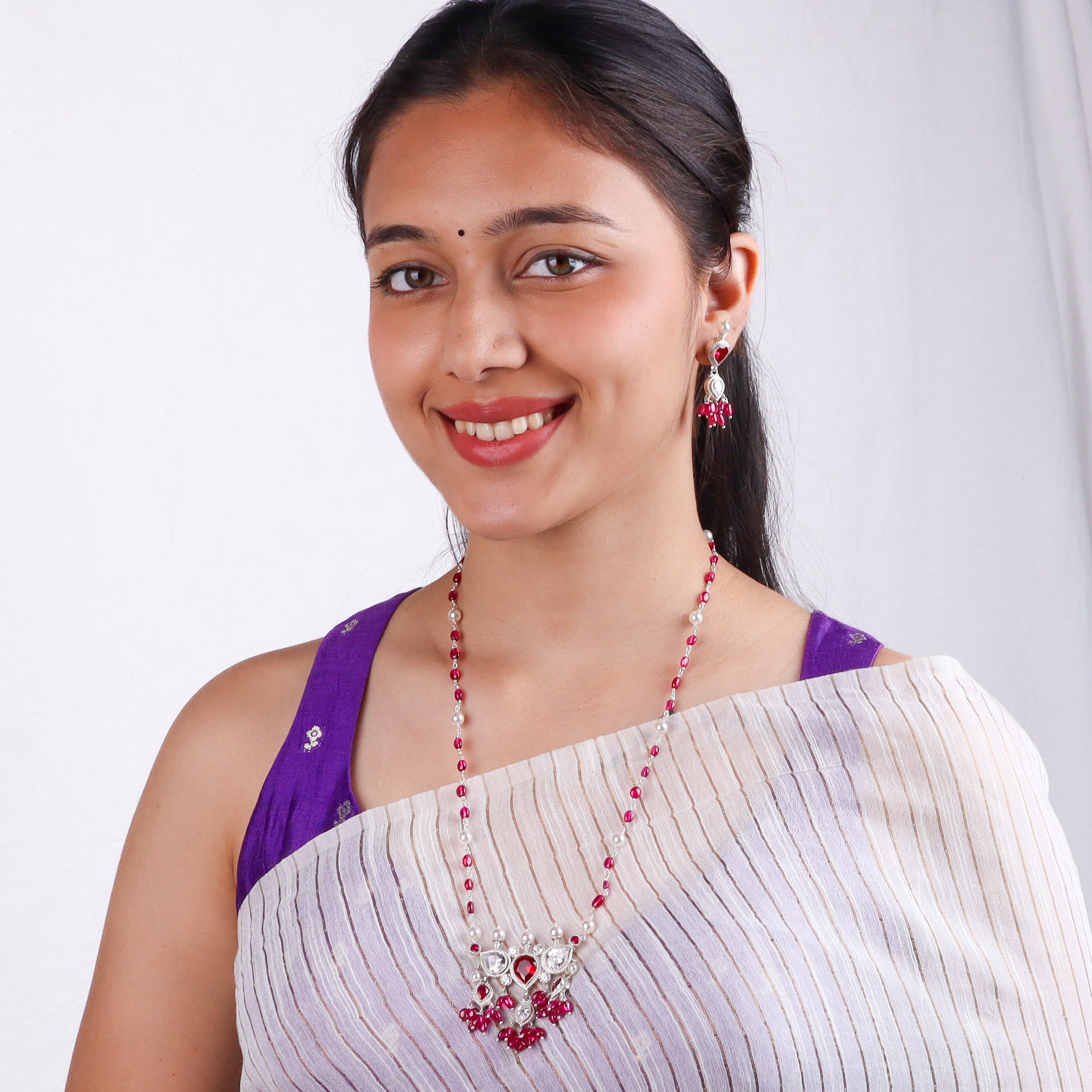 Silver CZ Tanmani Set with Rubies and Pearls