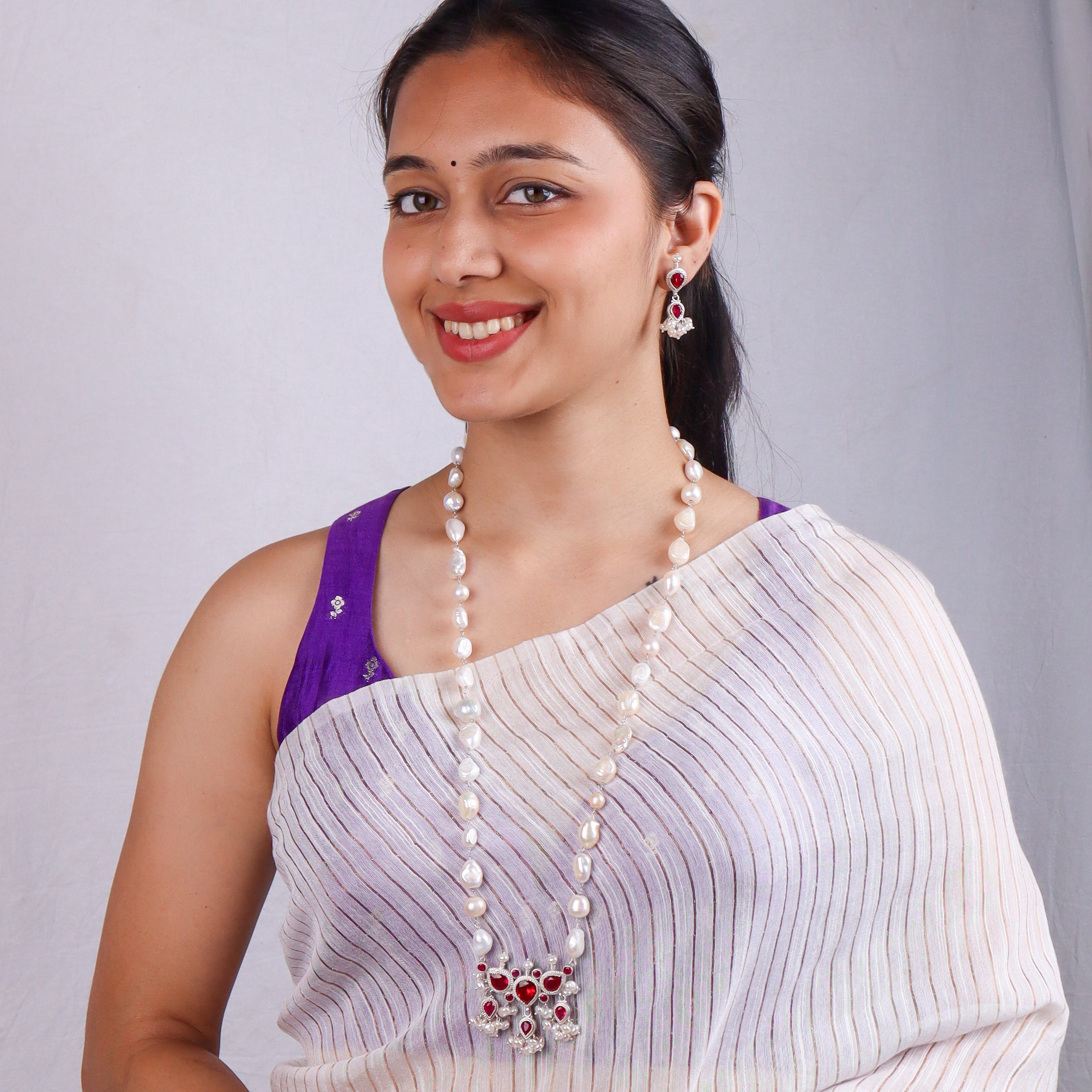 Silver Pink CZ Tanmani Set with Freshwater Pearl Ganthan