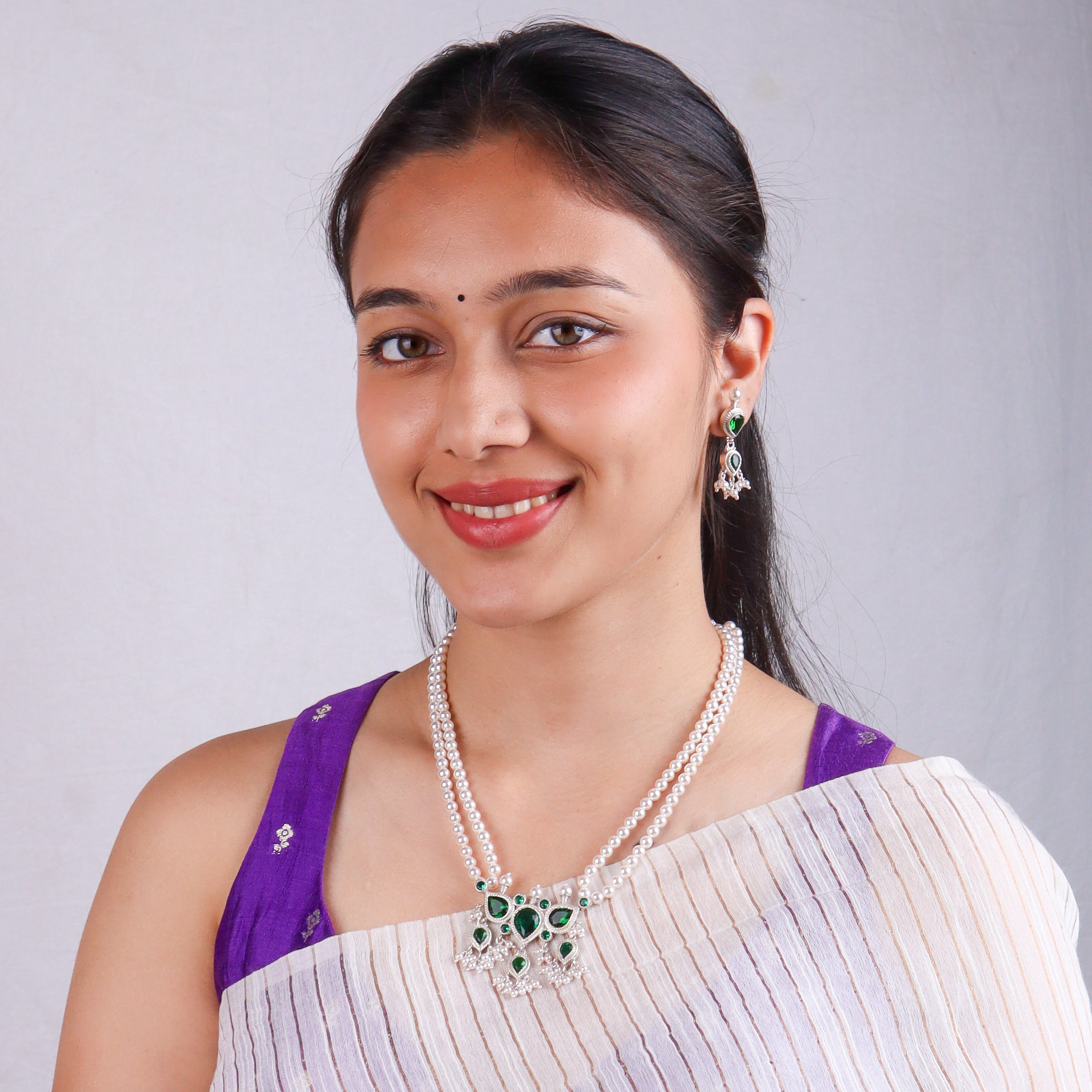 Silver Green CZ Tanmani Set with Pearls