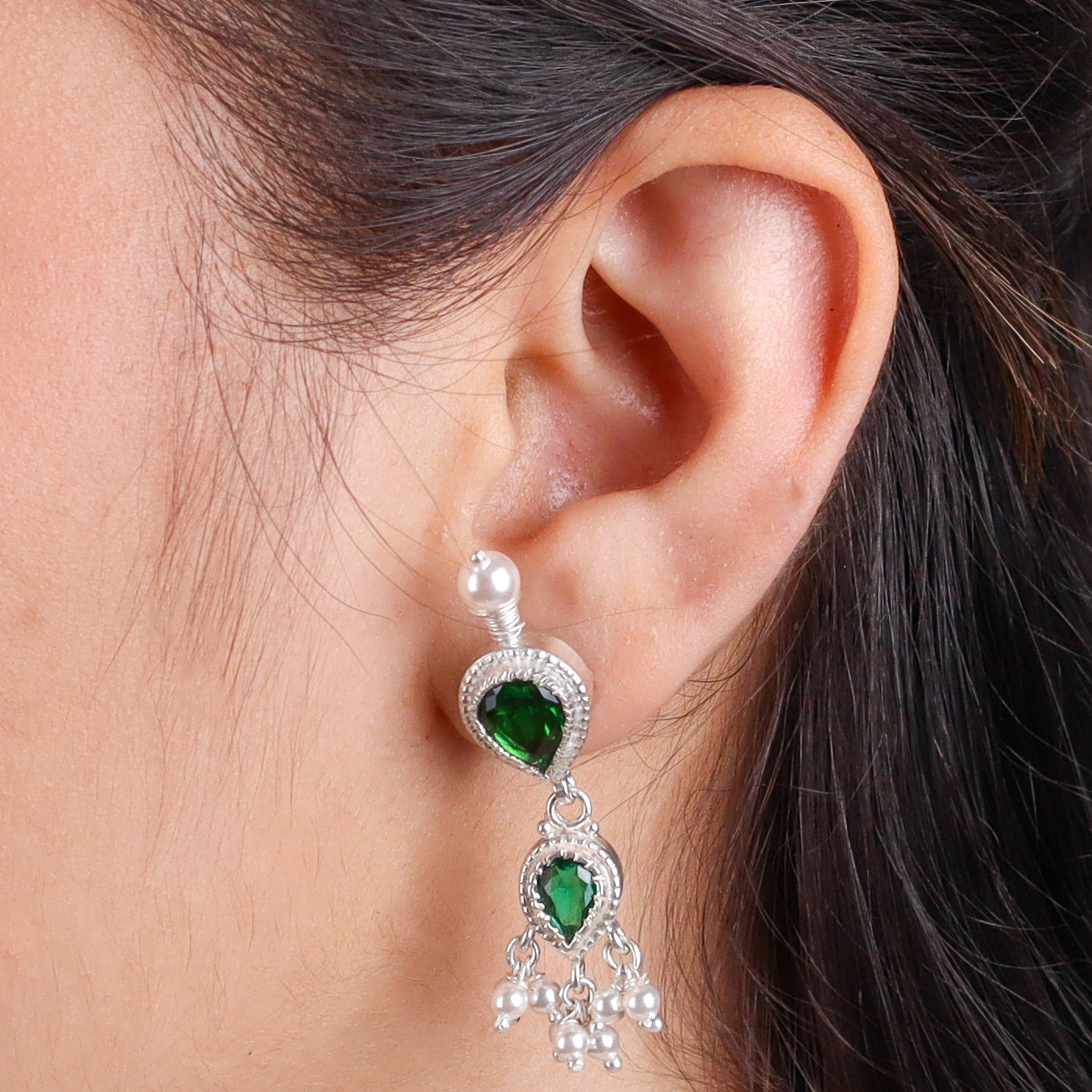 Silver Green CZ Tanmani Set with Pearls