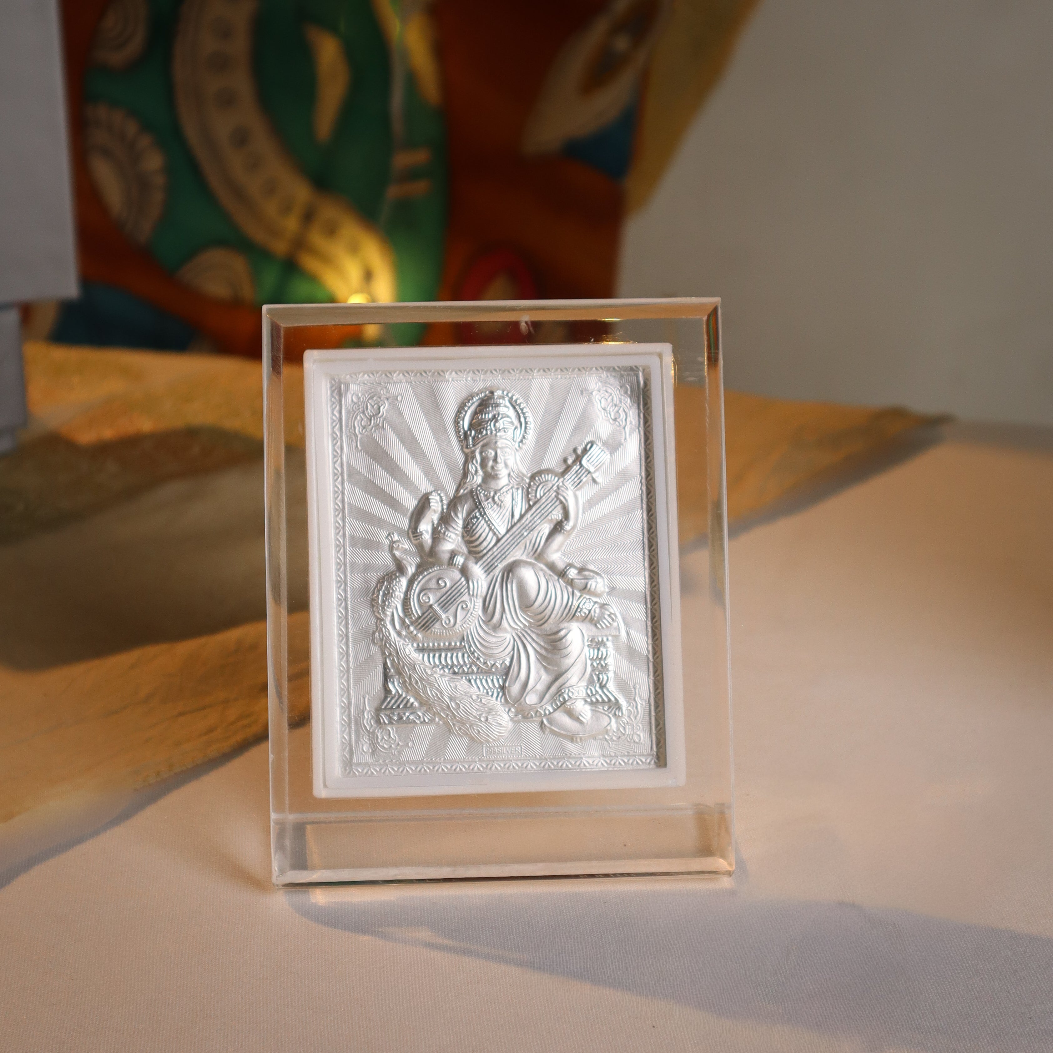 Silver Saraswati Devi Frame (Medium)