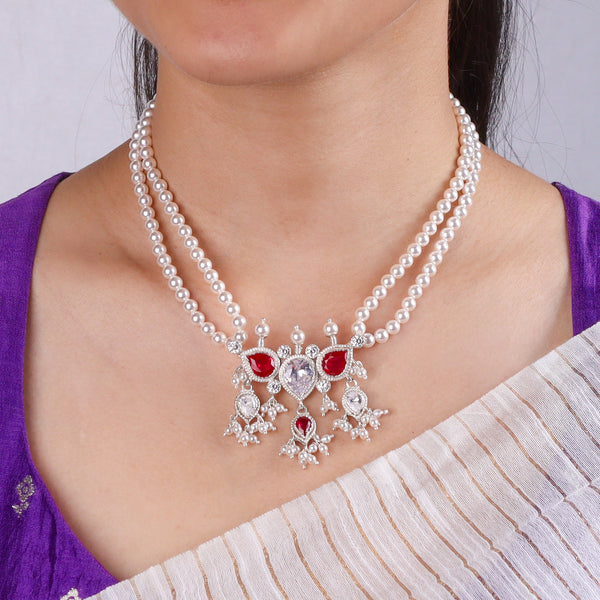 Silver Pink & White CZ Tanmani Set with Pearls