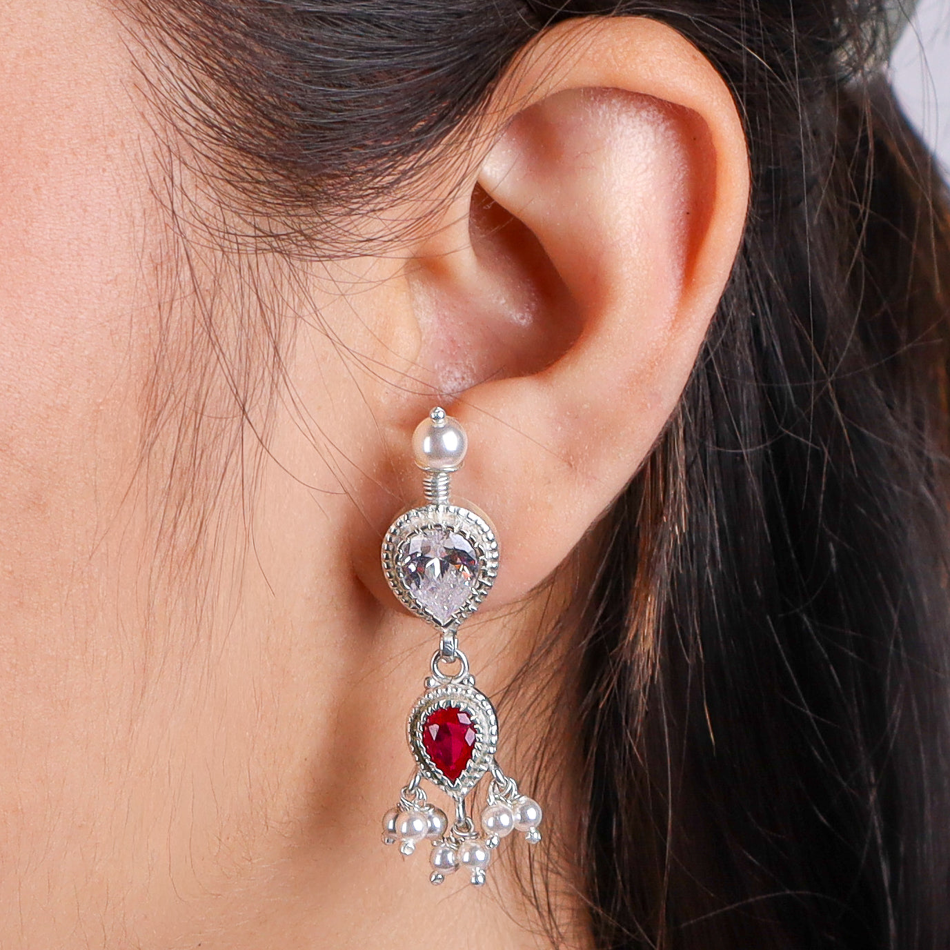 Silver Pink & White CZ Tanmani Set with Pearls