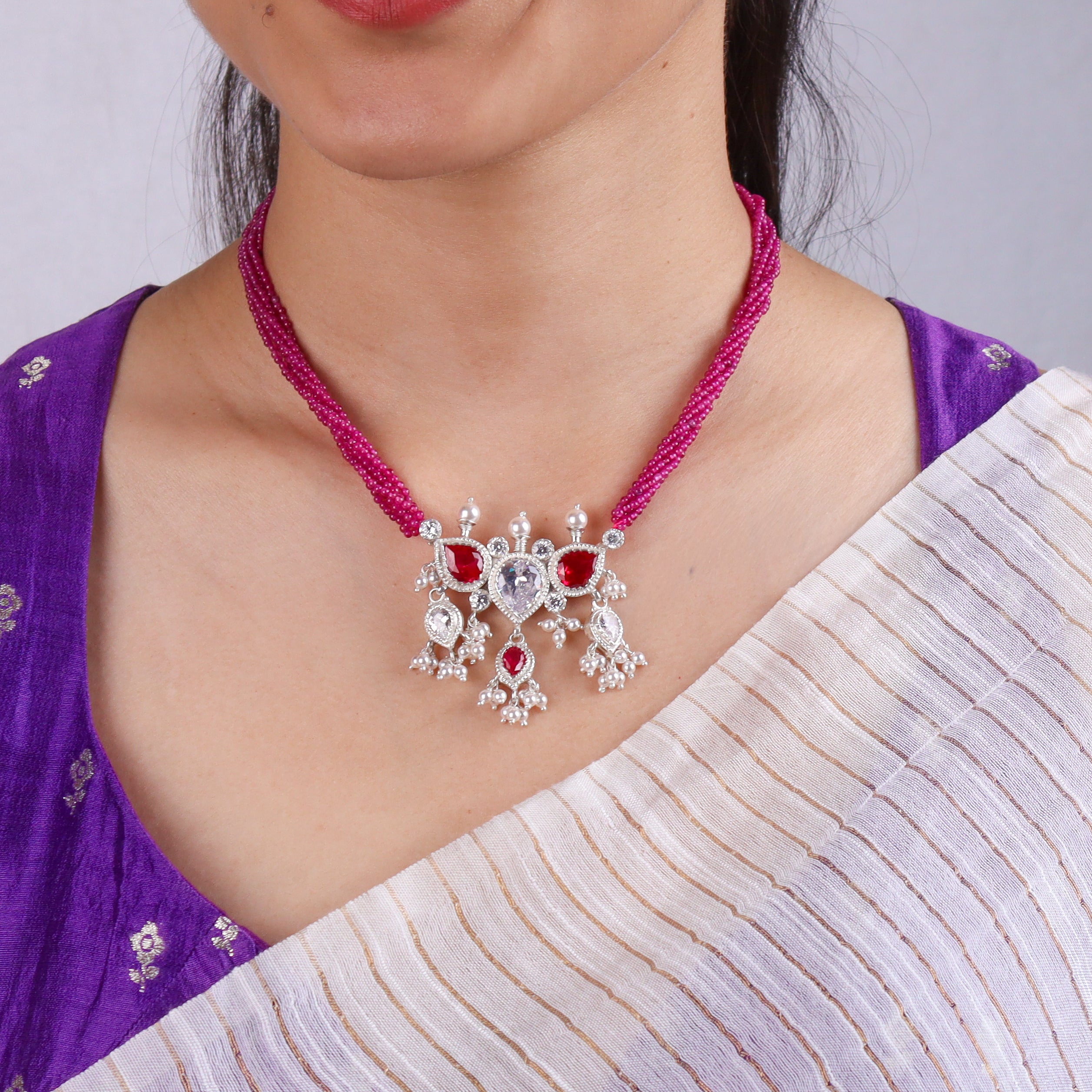 Silver CZ Tanmani Set with Rubies