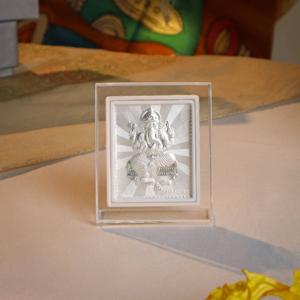 Silver Ganapati idol in acrylic frame for home decor