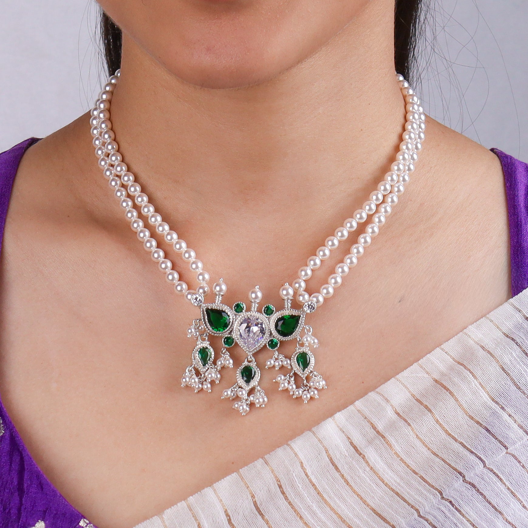 Silver Green & White CZ Tanmani Set with Pearls