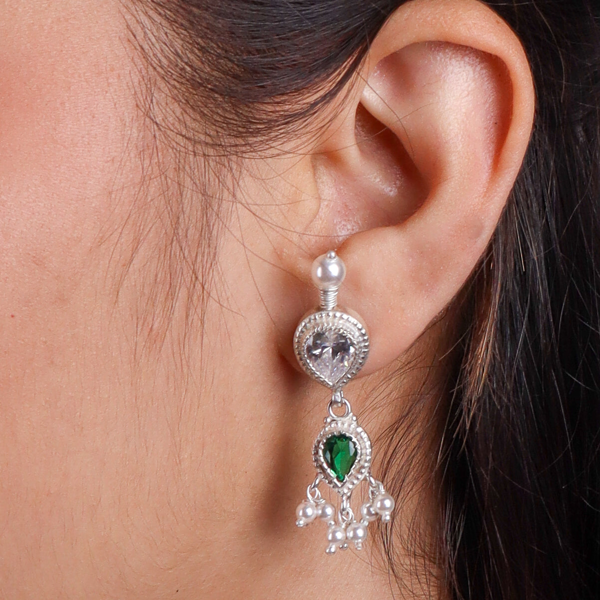 Silver Green & White CZ Tanmani Set with Pearls