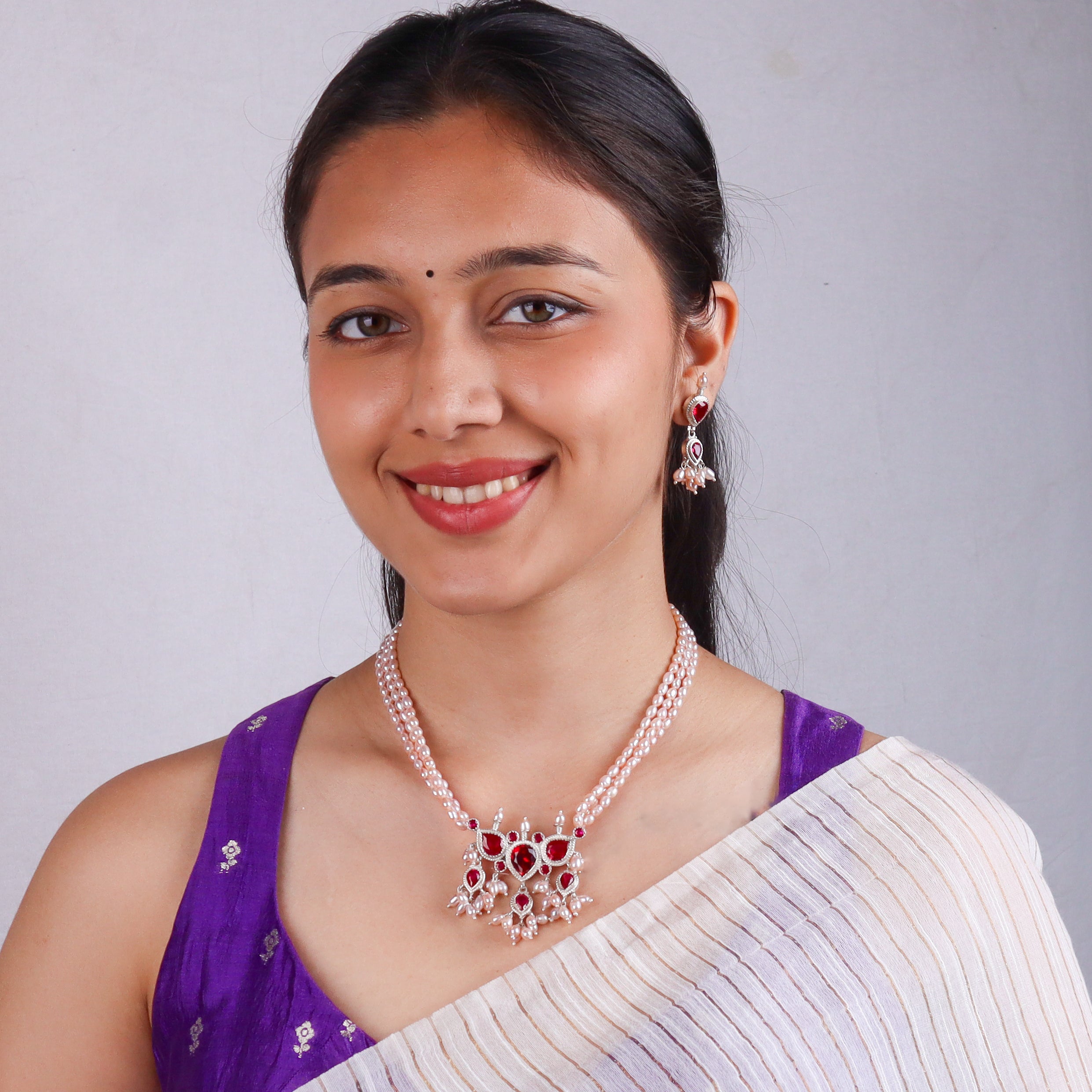 Silver CZ Tanmani Set with Freshwater Rice Pearls