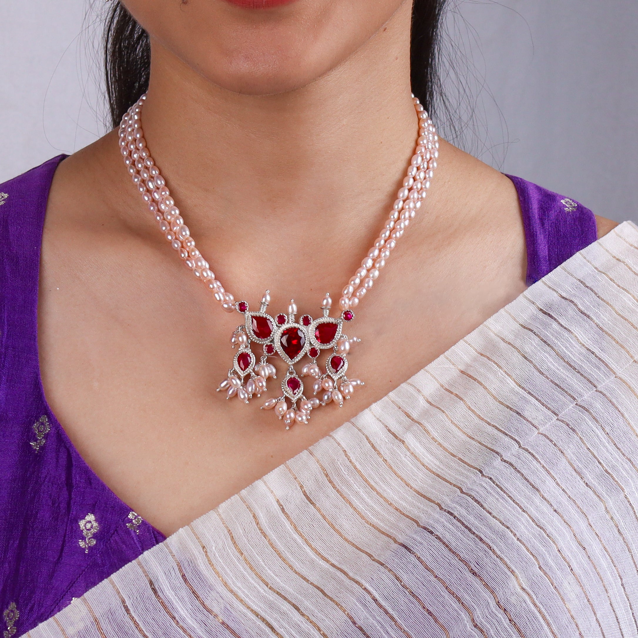 Silver CZ Tanmani Set with Freshwater Rice Pearls