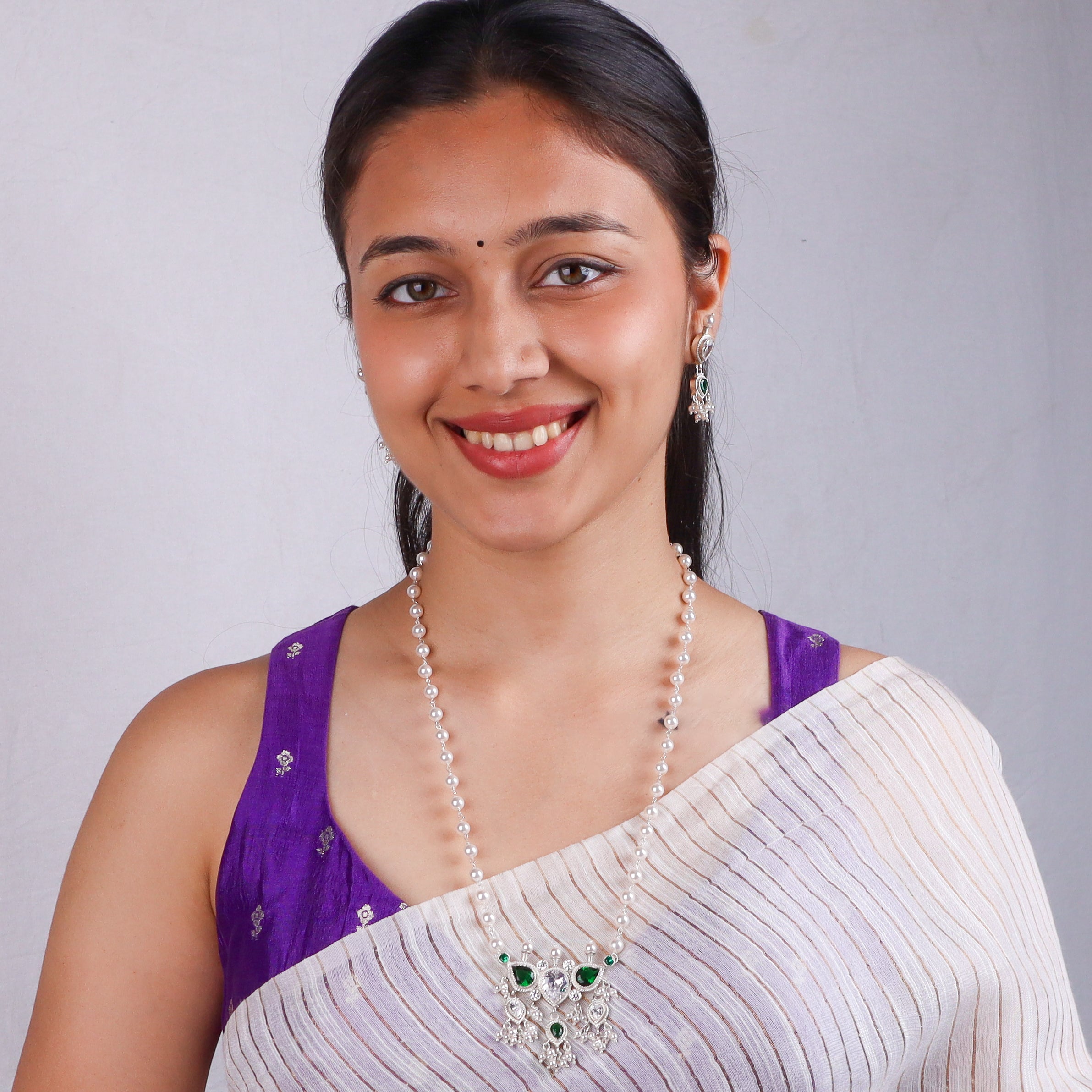 Silver Green & White CZ Tanmani Set with Pearl Ganthan