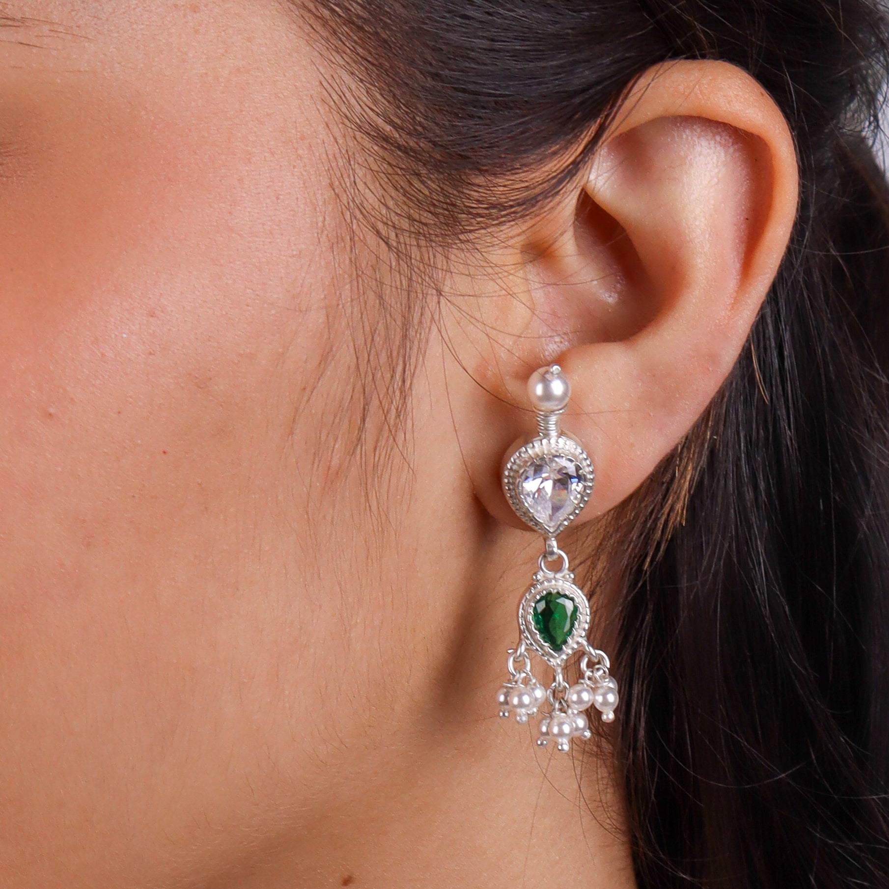 Silver Green & White CZ Tanmani Set with Pearl Ganthan