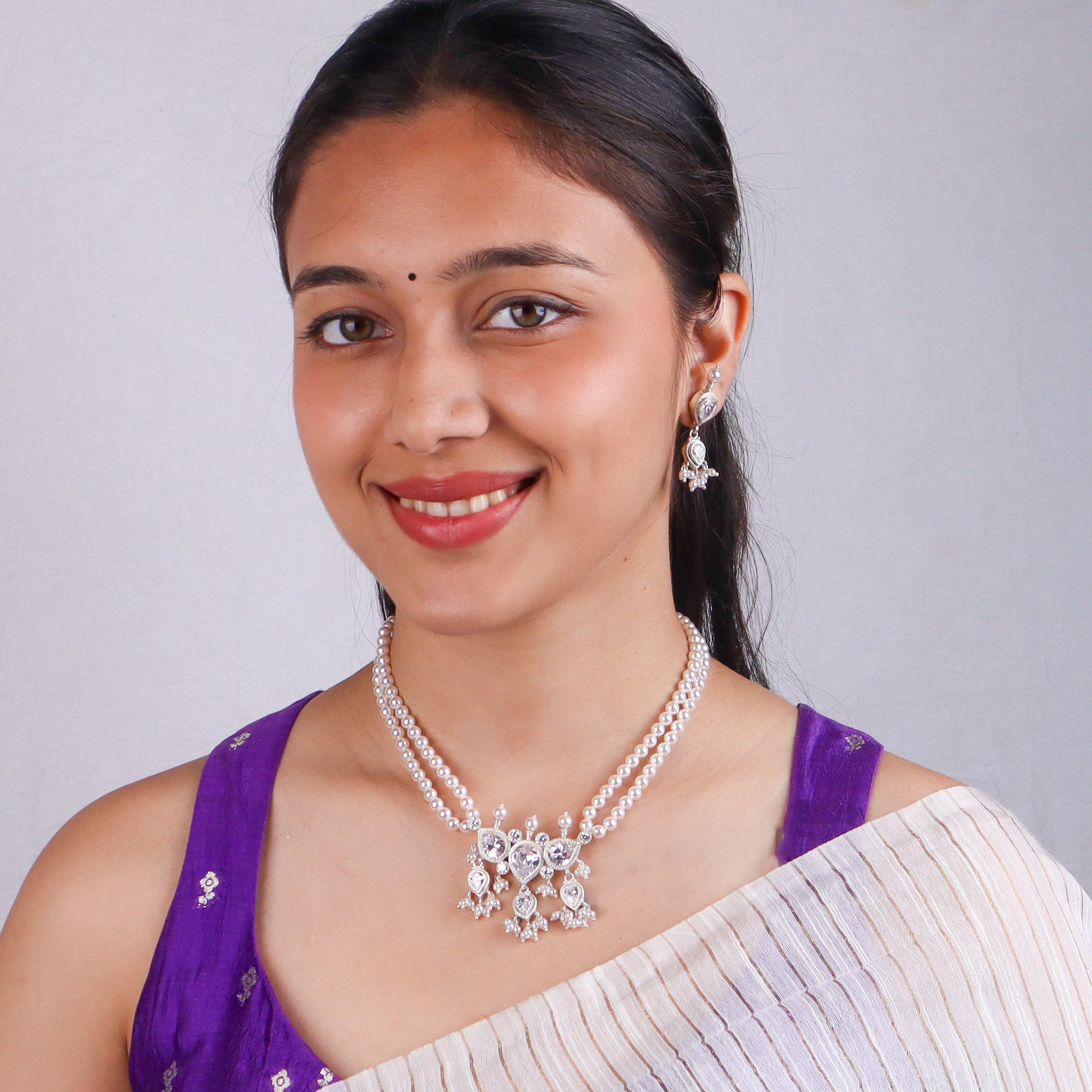 Silver White CZ Tanmani Set with Pearls