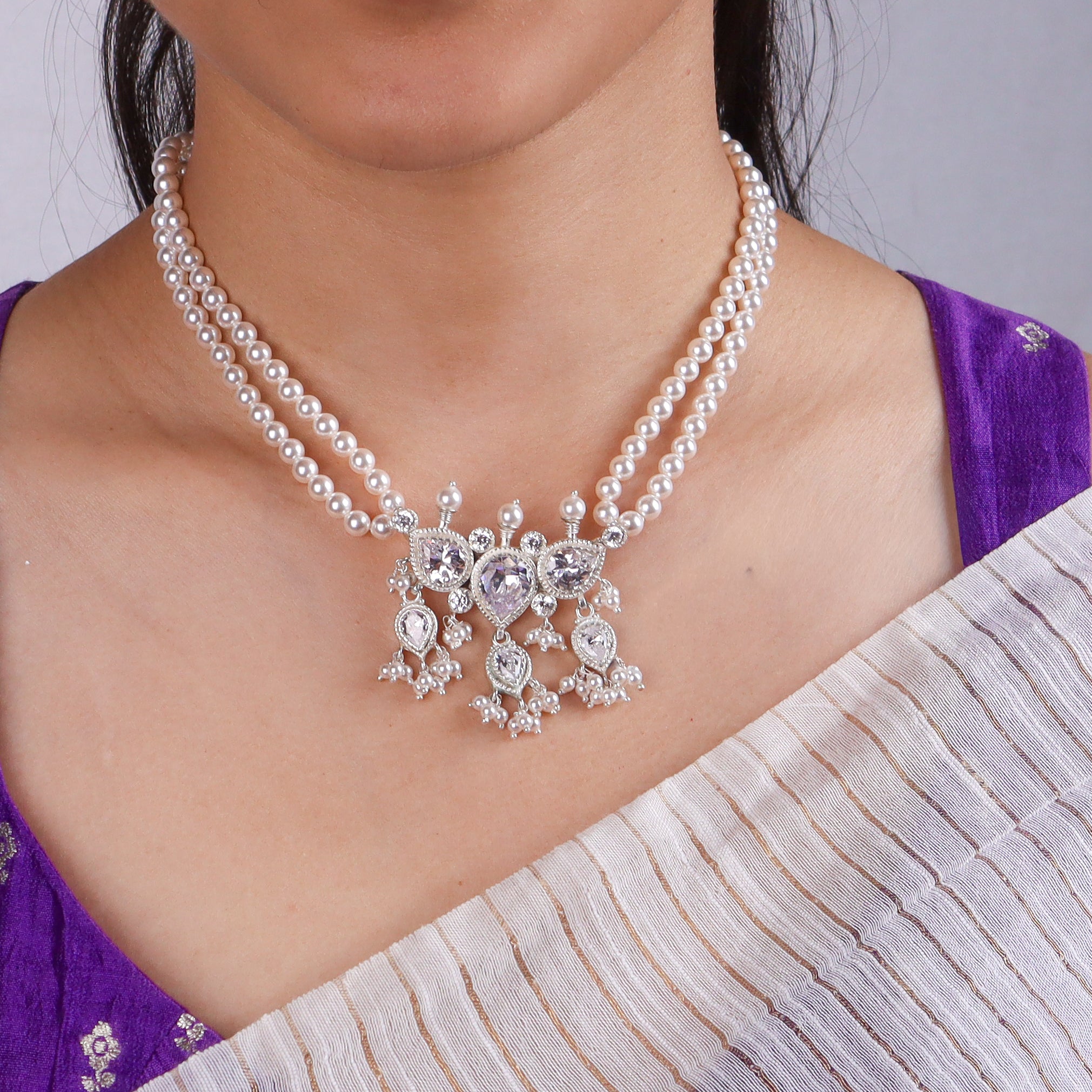 Silver White CZ Tanmani Set with Pearls