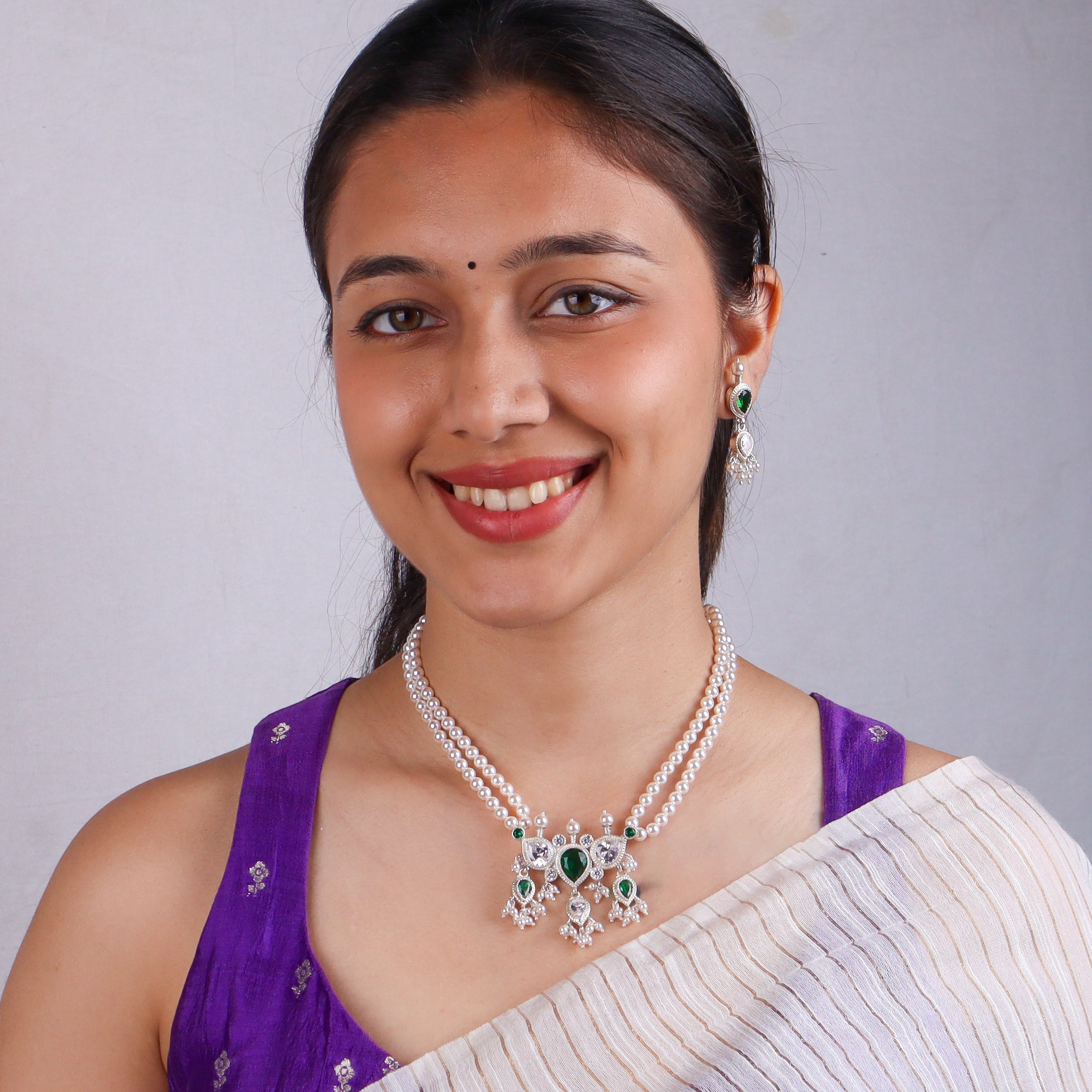 Silver Green & White CZ Tanmani Set with Pearls