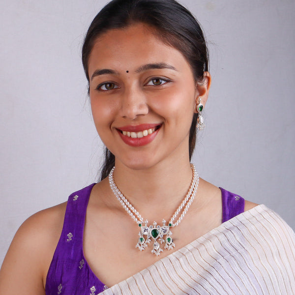 Silver Green & White CZ Tanmani Set with Pearls