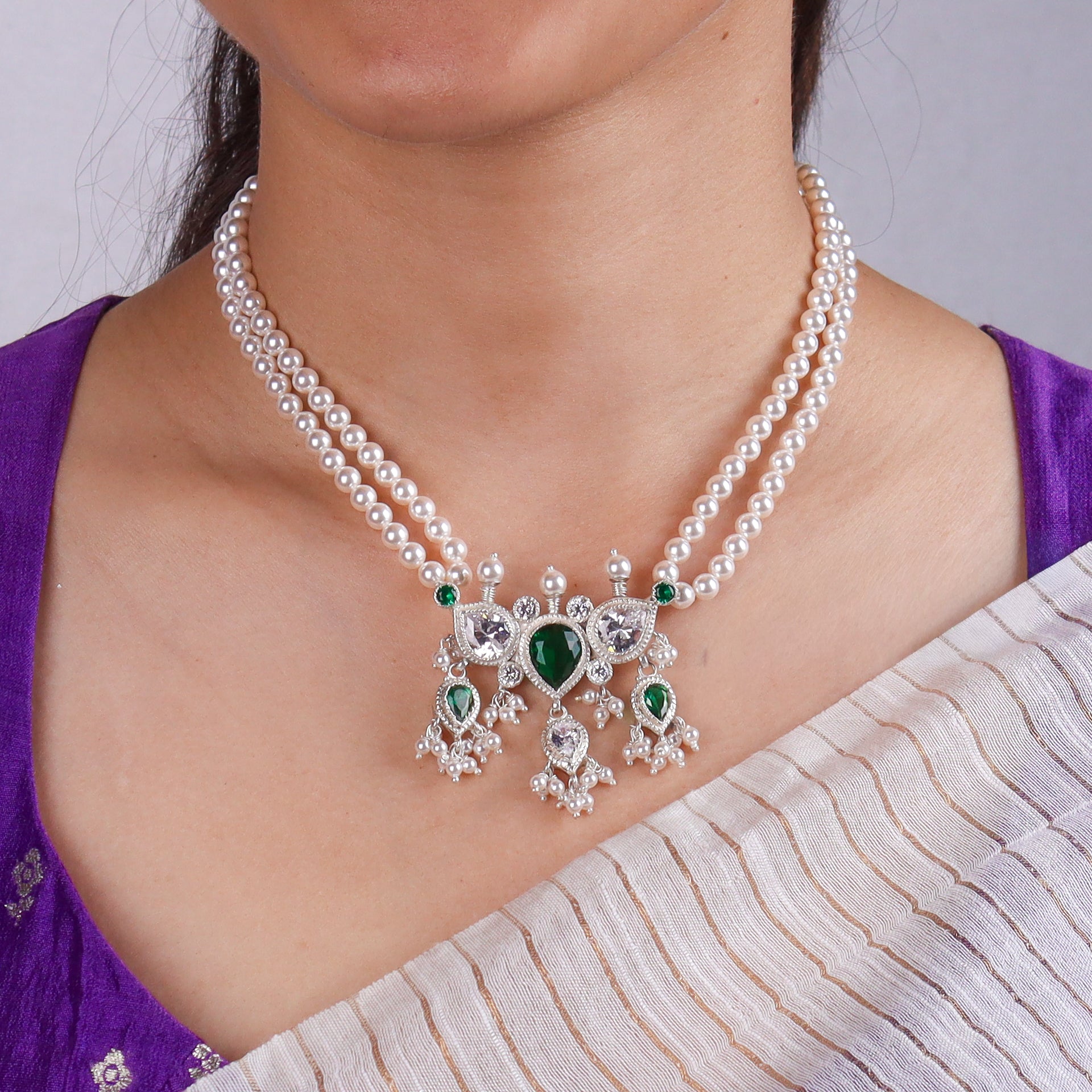 Silver Green & White CZ Tanmani Set with Pearls
