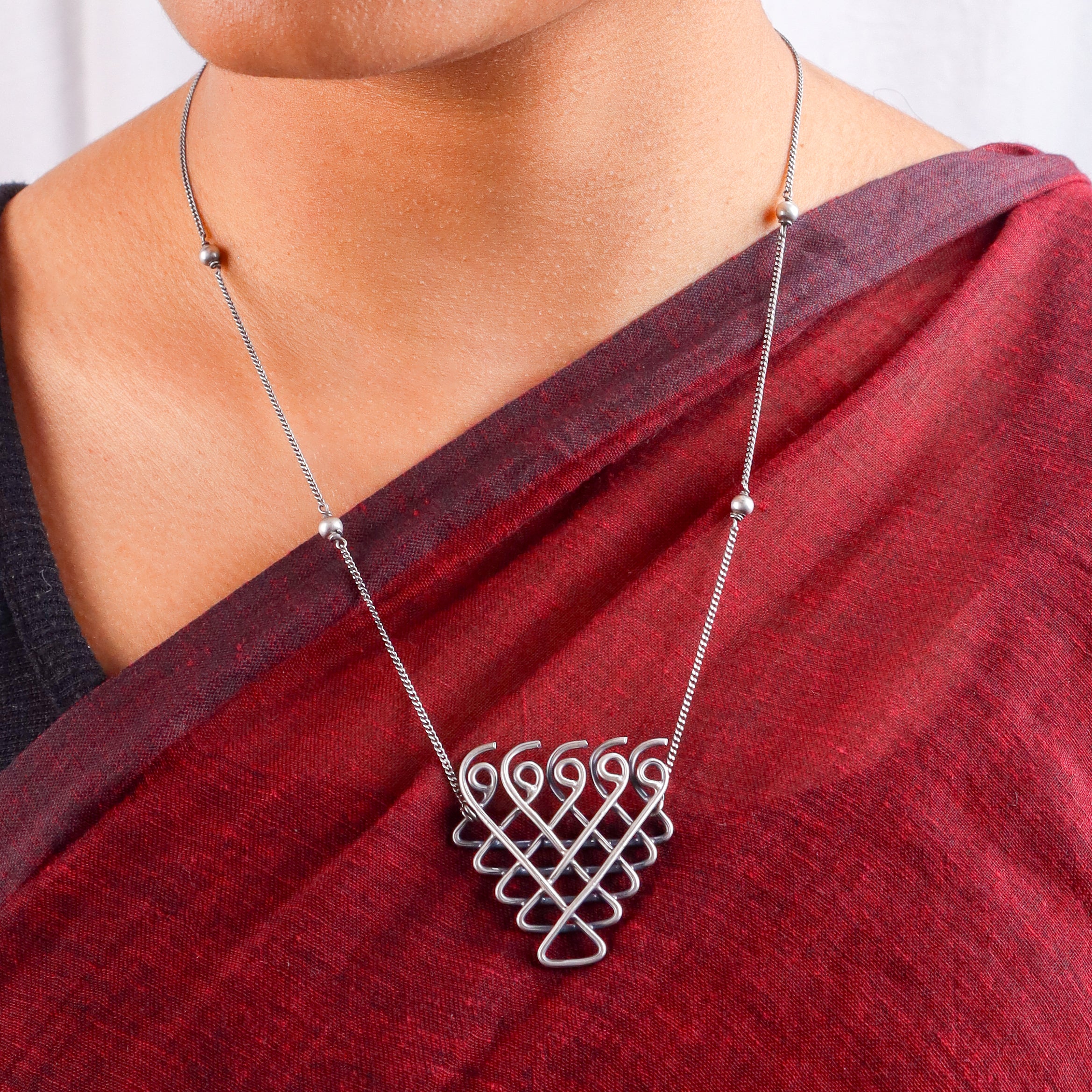 Silver Saraswati Necklace with Beads (Medium)
