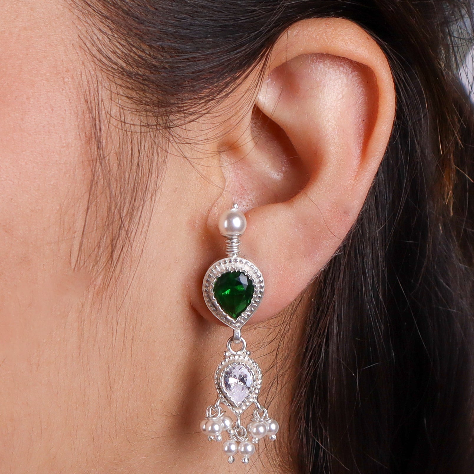 Silver Green & White CZ Tanmani Set with Pearls
