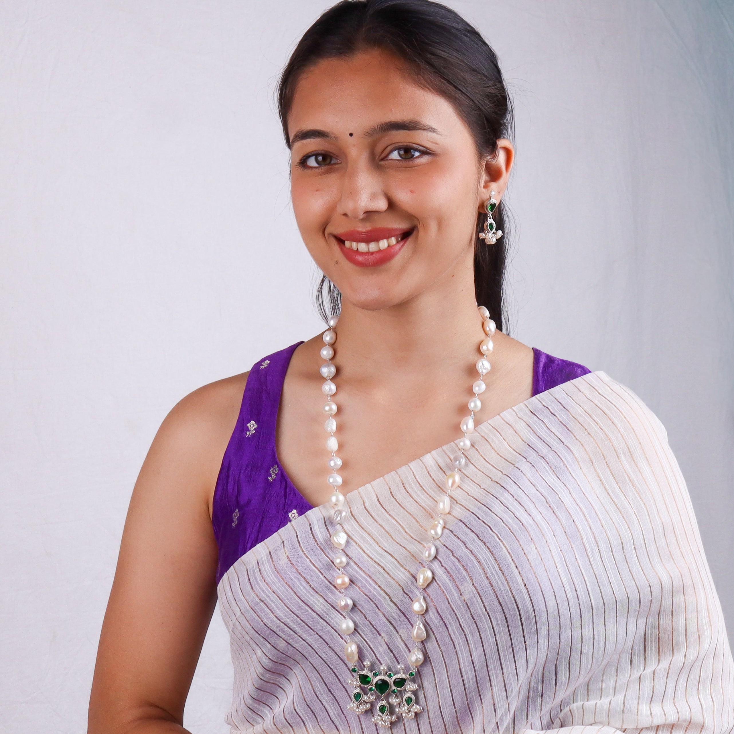 Silver Green CZ Tanmani Set with Freshwater Pearl Ganthan