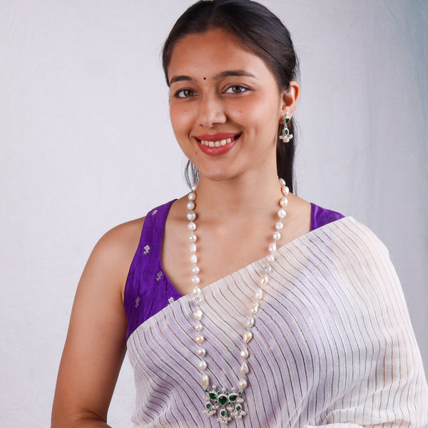 Silver Green CZ Tanmani Set with Freshwater Pearl Ganthan