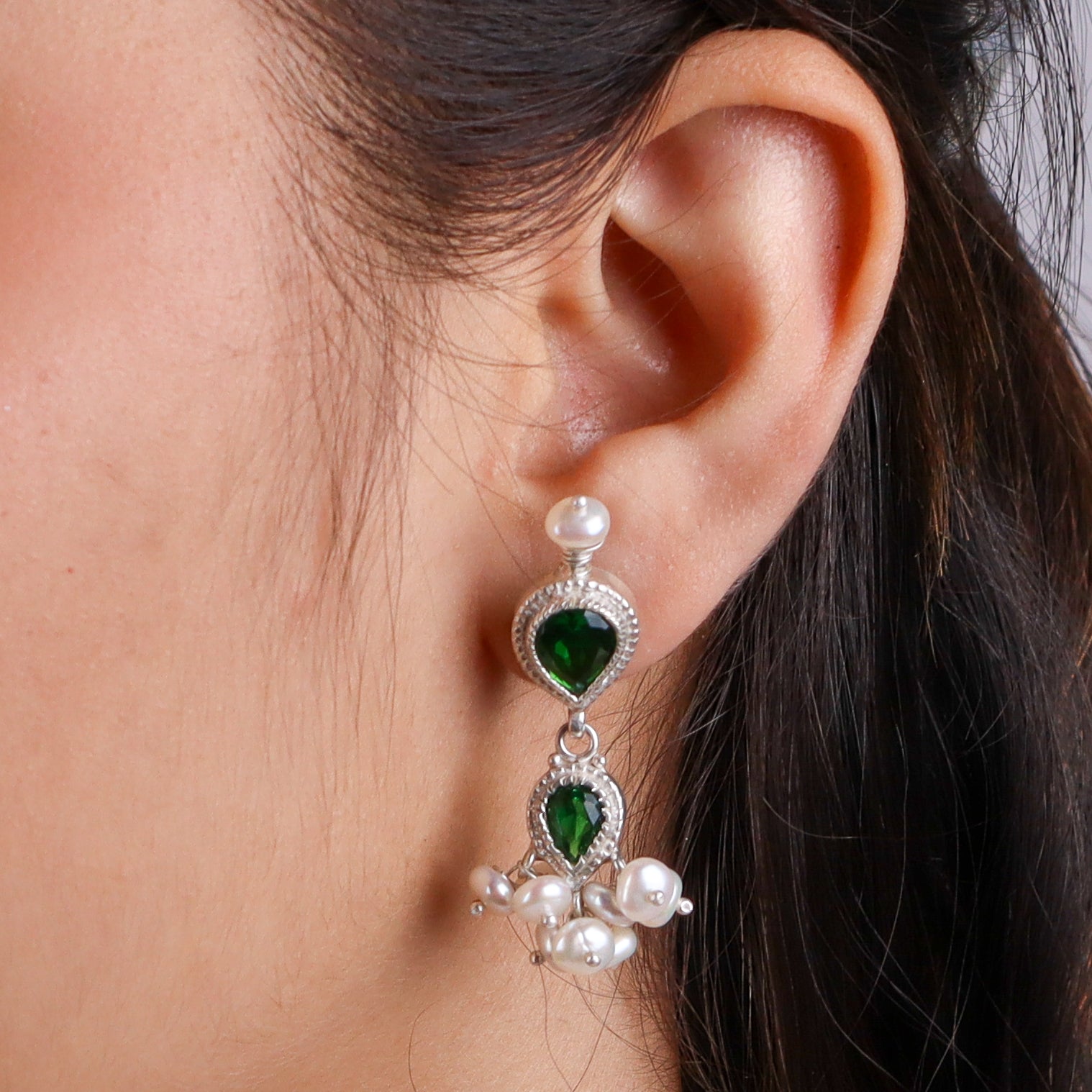 Silver Green CZ Tanmani Set with Freshwater Pearl Ganthan