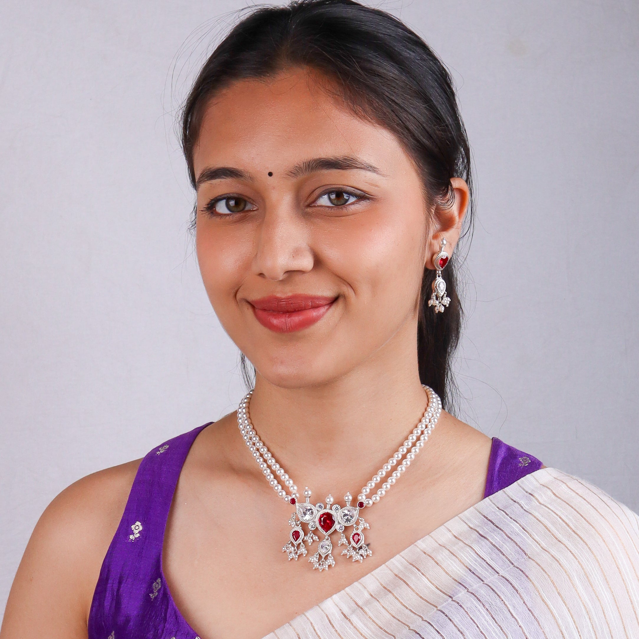 Silver Pink & White CZ Tanmani Set with Pearls