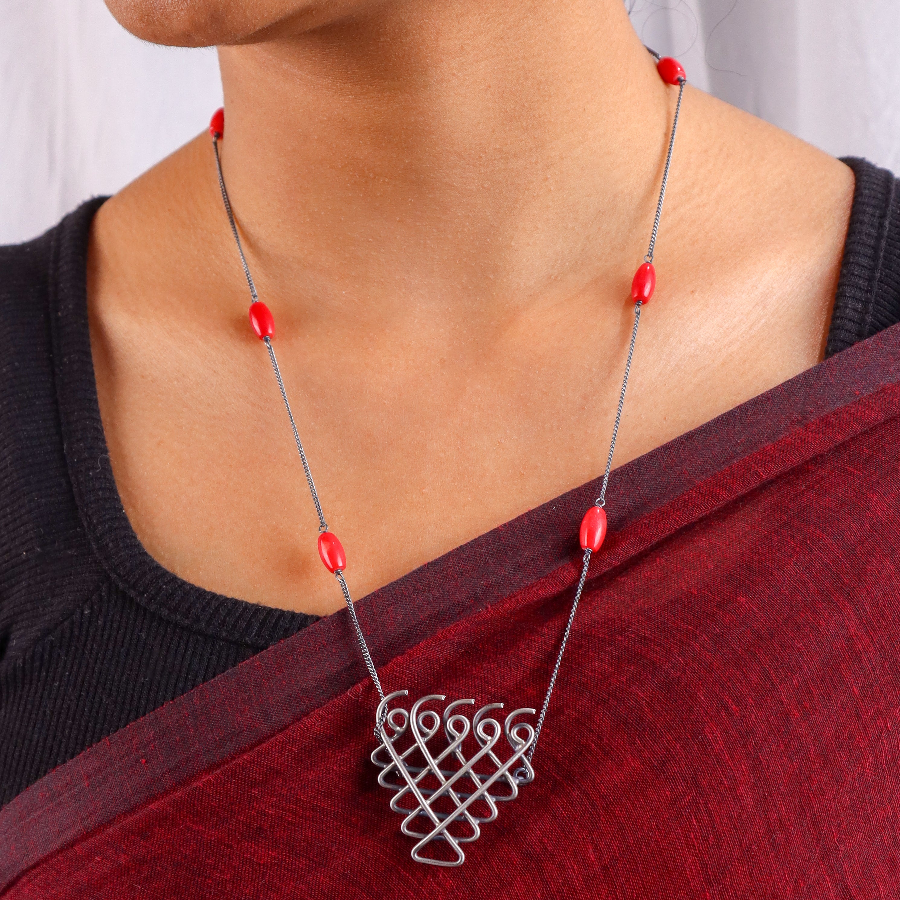 Silver Saraswati Necklace with Coral (Medium)