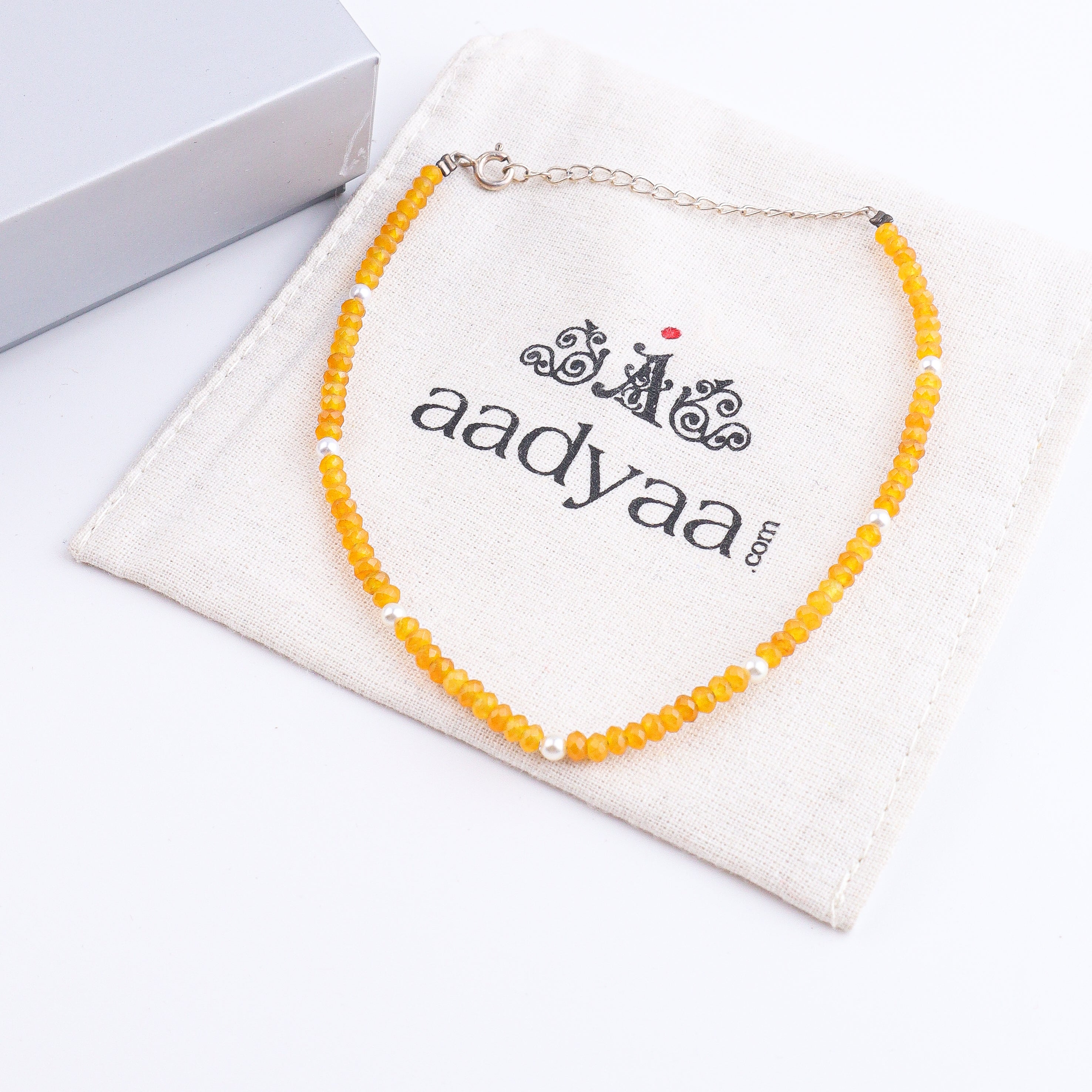 Yellow Jade and Pearl Anklet | 92.5 Sterling Silver