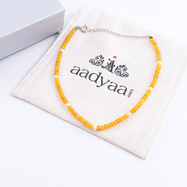 Yellow Jade and Pearl Anklet | 92.5 Sterling Silver