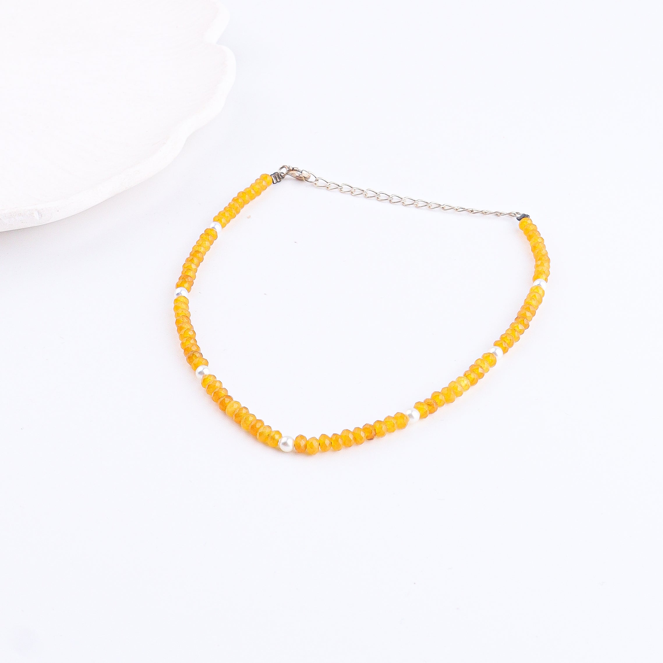 Yellow Jade and Pearl Anklet | 92.5 Sterling Silver