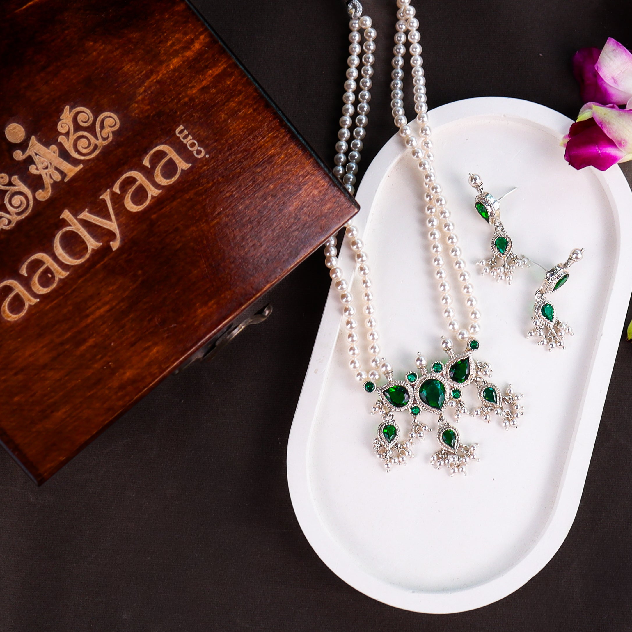 Silver Green CZ Tanmani Set with Pearls