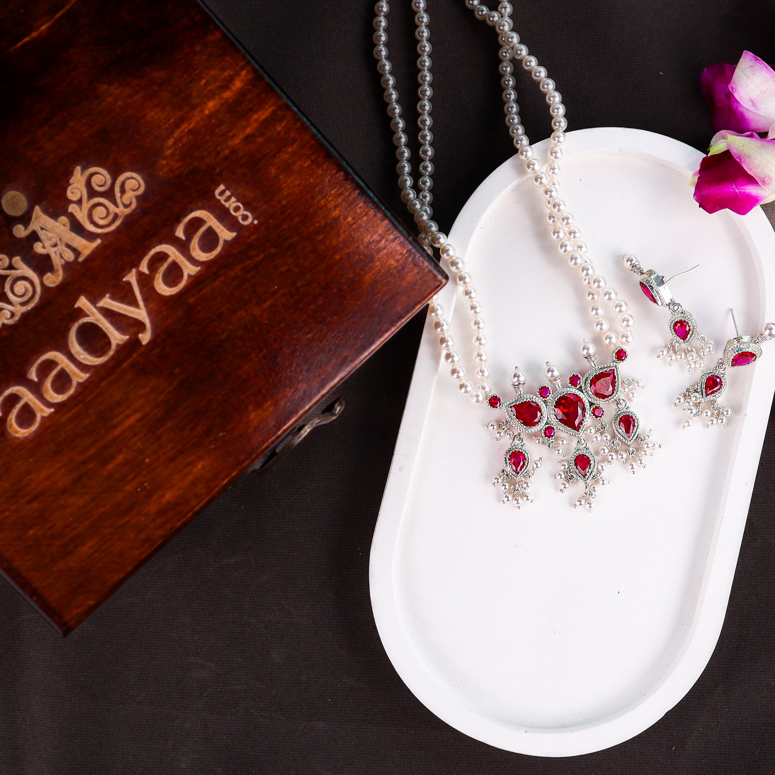 Silver Pink CZ Tanmani Set with Pearls