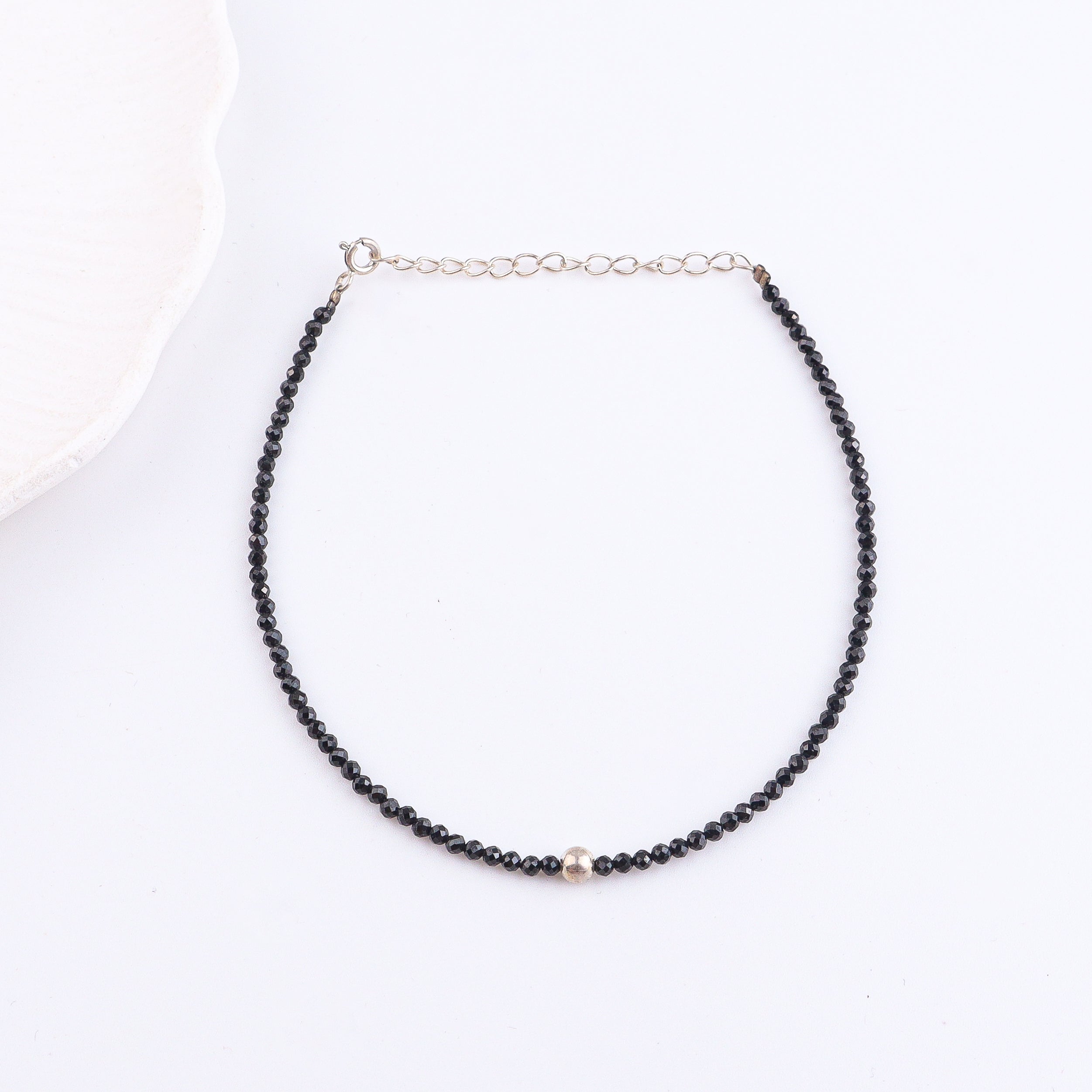 Black Spinel & Silver Beads Anklet
