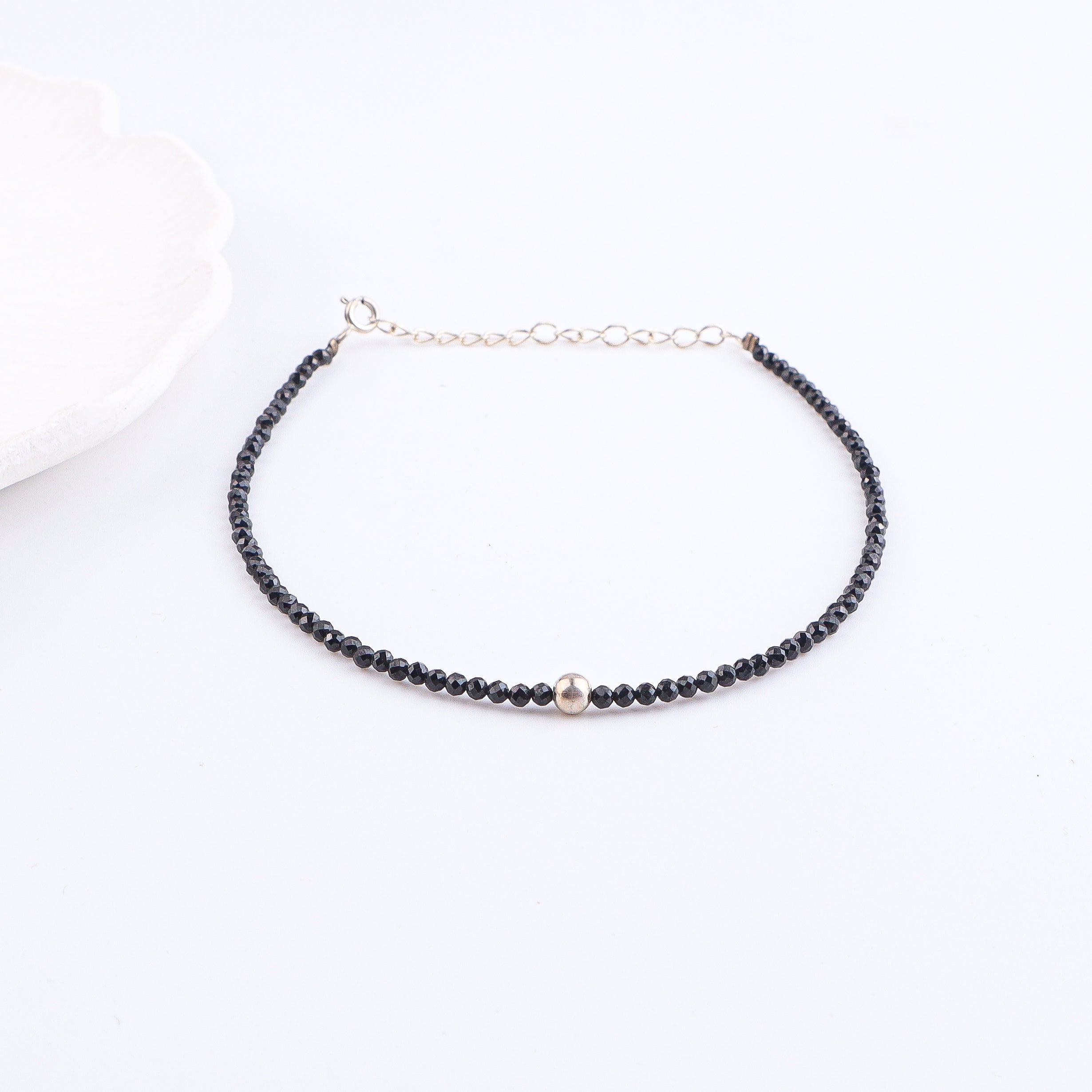 Black Spinel & Silver Beads Anklet