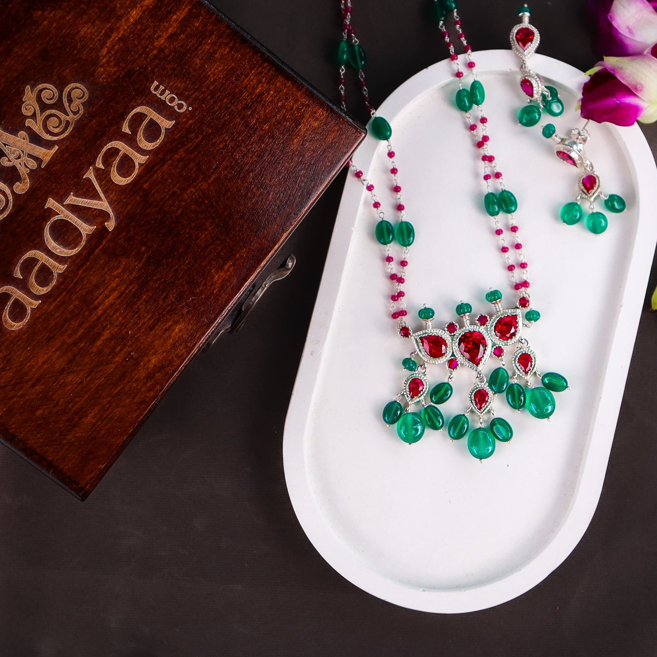 Silver Pink CZ Tanmani Set with Green Onyx & Rubies