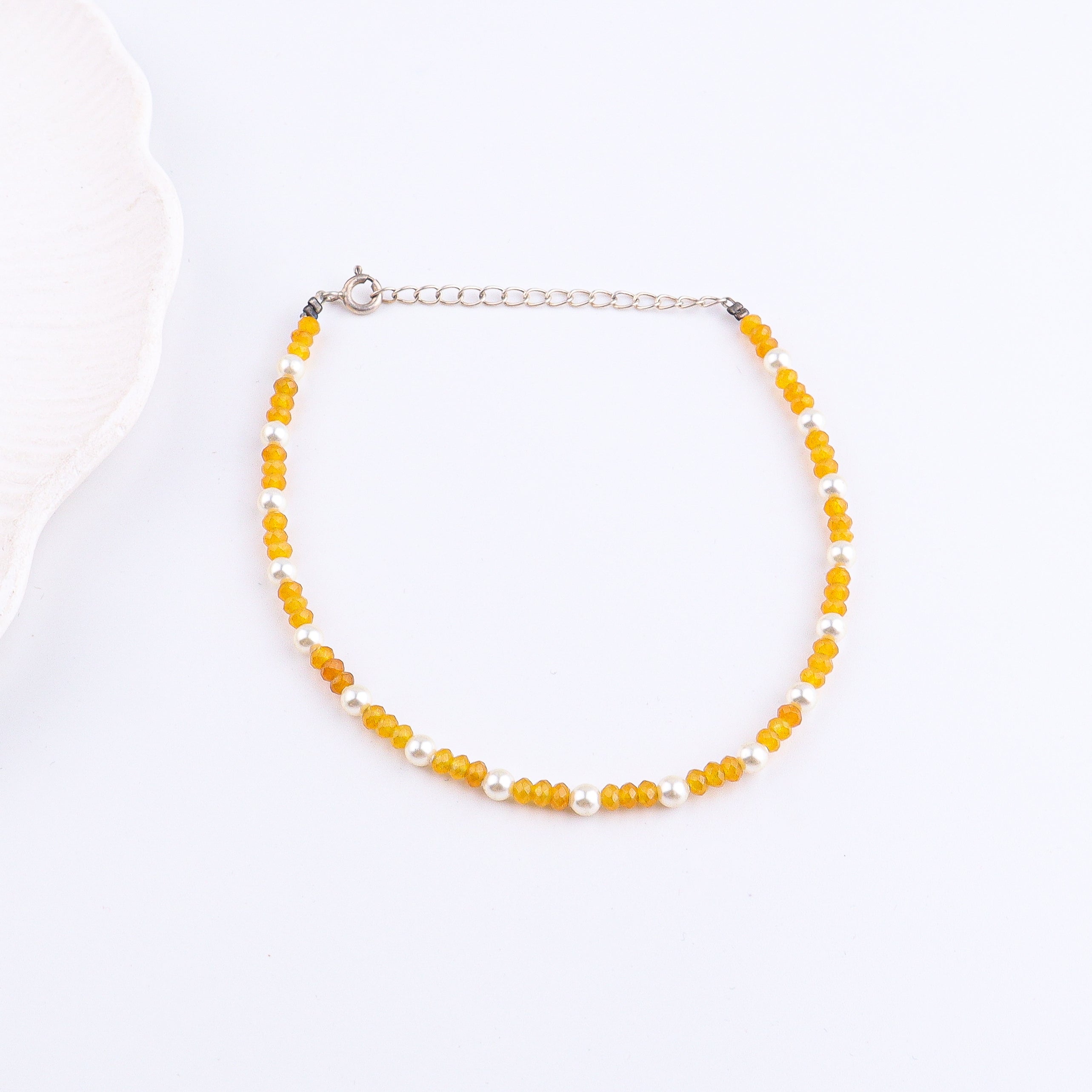Yellow Jade & Pearl Anklet | 92.5 Sterling Silver