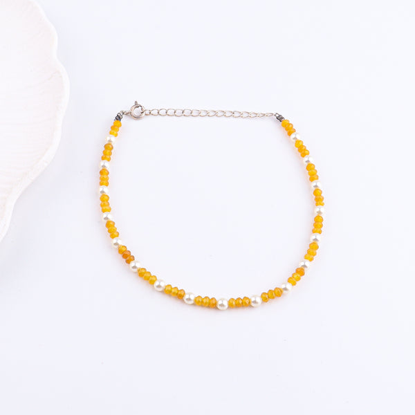 Yellow Jade & Pearl Anklet | 92.5 Sterling Silver