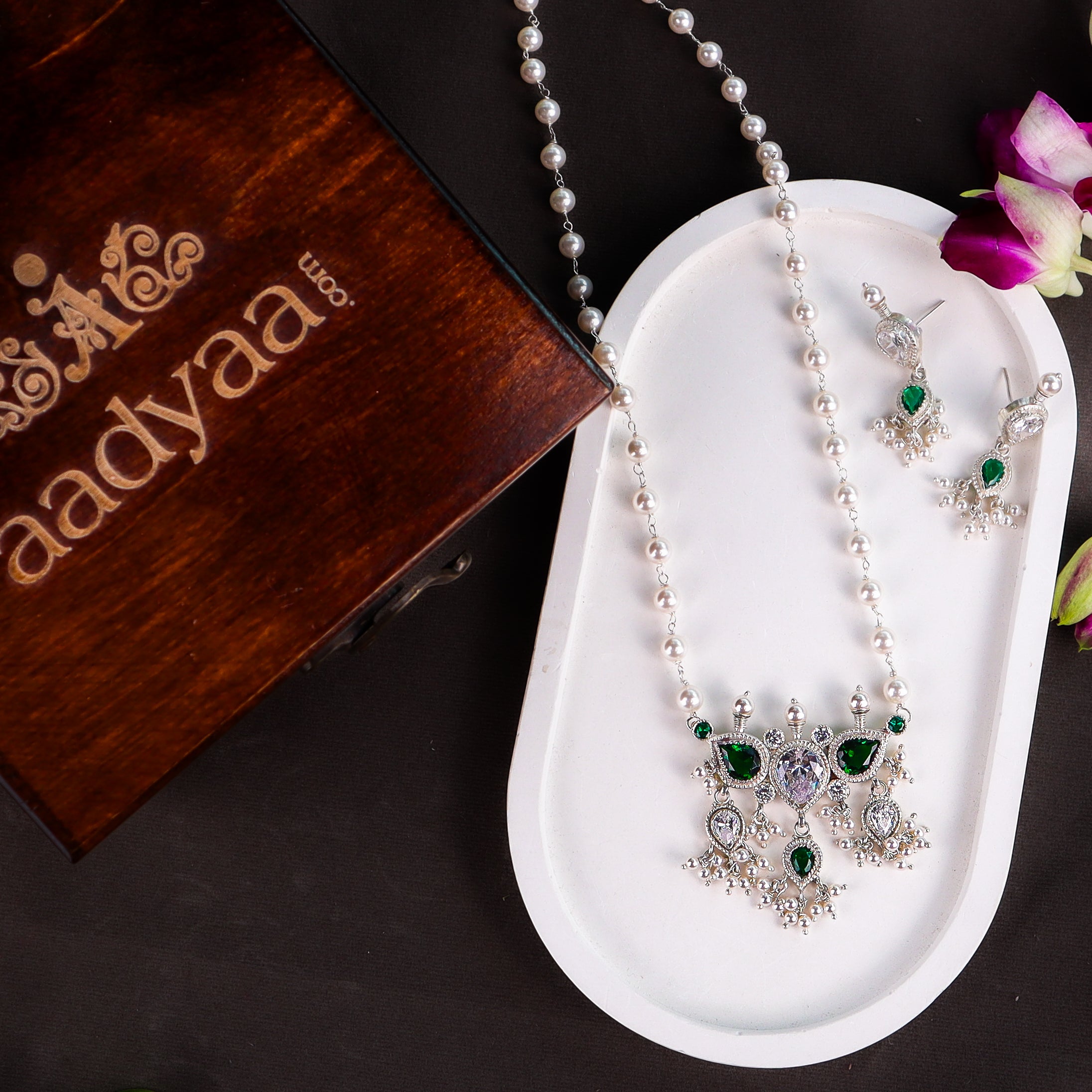 Silver Green & White CZ Tanmani Set with Pearl Ganthan